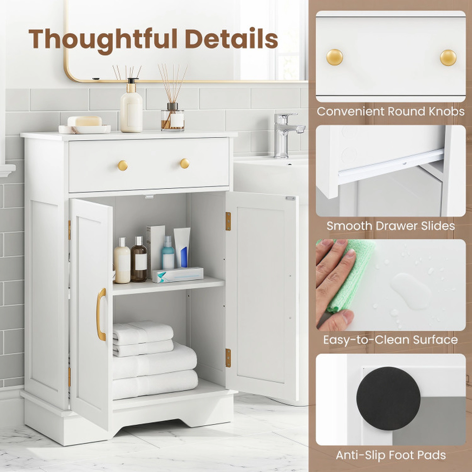 SUGIFT 2-Door Gold Handles Drawer 3-Level Shelf Floor Storage Sideboard 22-in x 12-in x 31.5-in 44-lb Capacity White