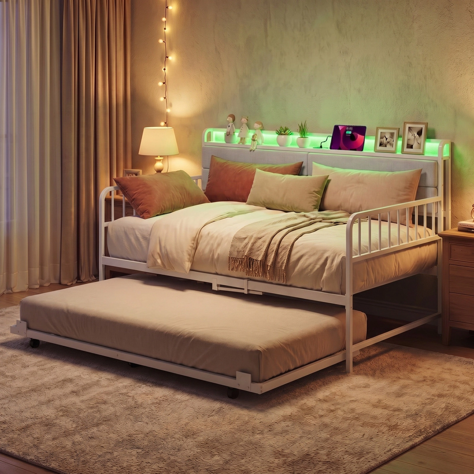 SUGIFT Twin Metal Daybed with Trundle, Charging Station and LED Lights, White