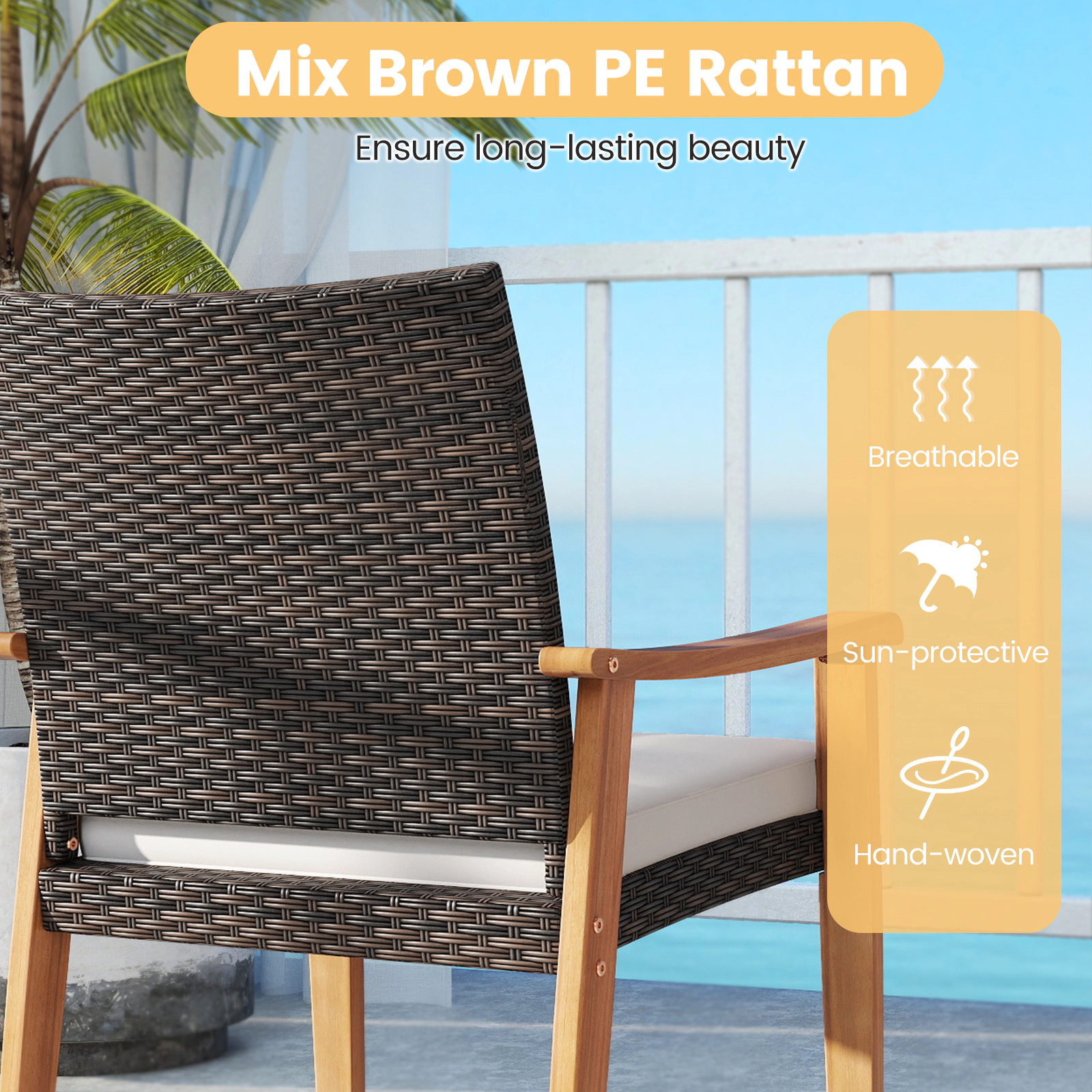 SUGIFT Patio Conversation Bistro Set PE Wicker & Acacia Wood 400-lb Chairs 180-lb Table Off White Cushions Mix Brown