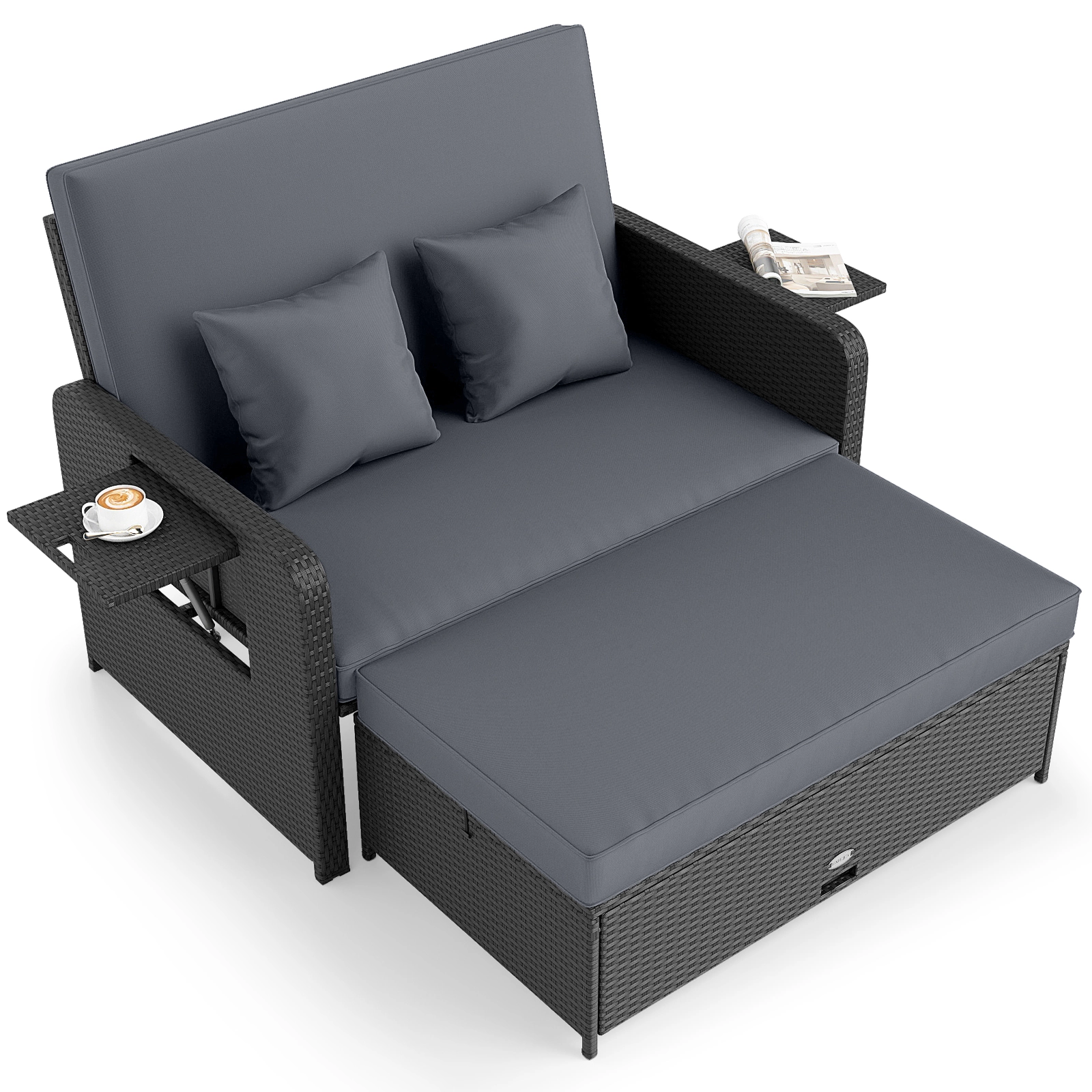 LJG PE Wicker Outdoor Daybed with 4-Level Adjustable Backrest and Storage Ottoman
