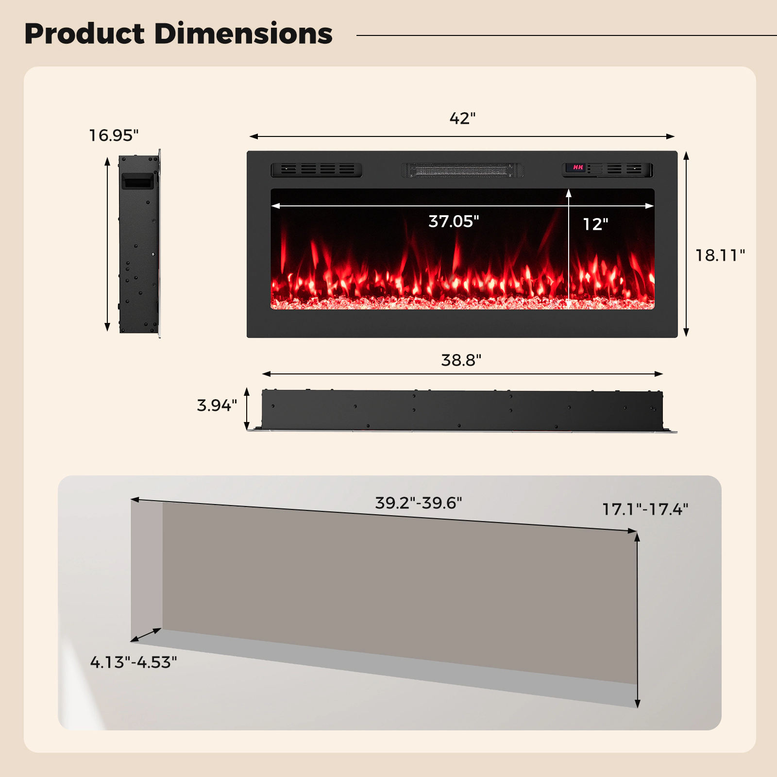 SUGIFT Smart WiFi Wall Mounted and Recessed Electric Fireplace 750W/1500W 42-in Black Heater with App and Remote Control