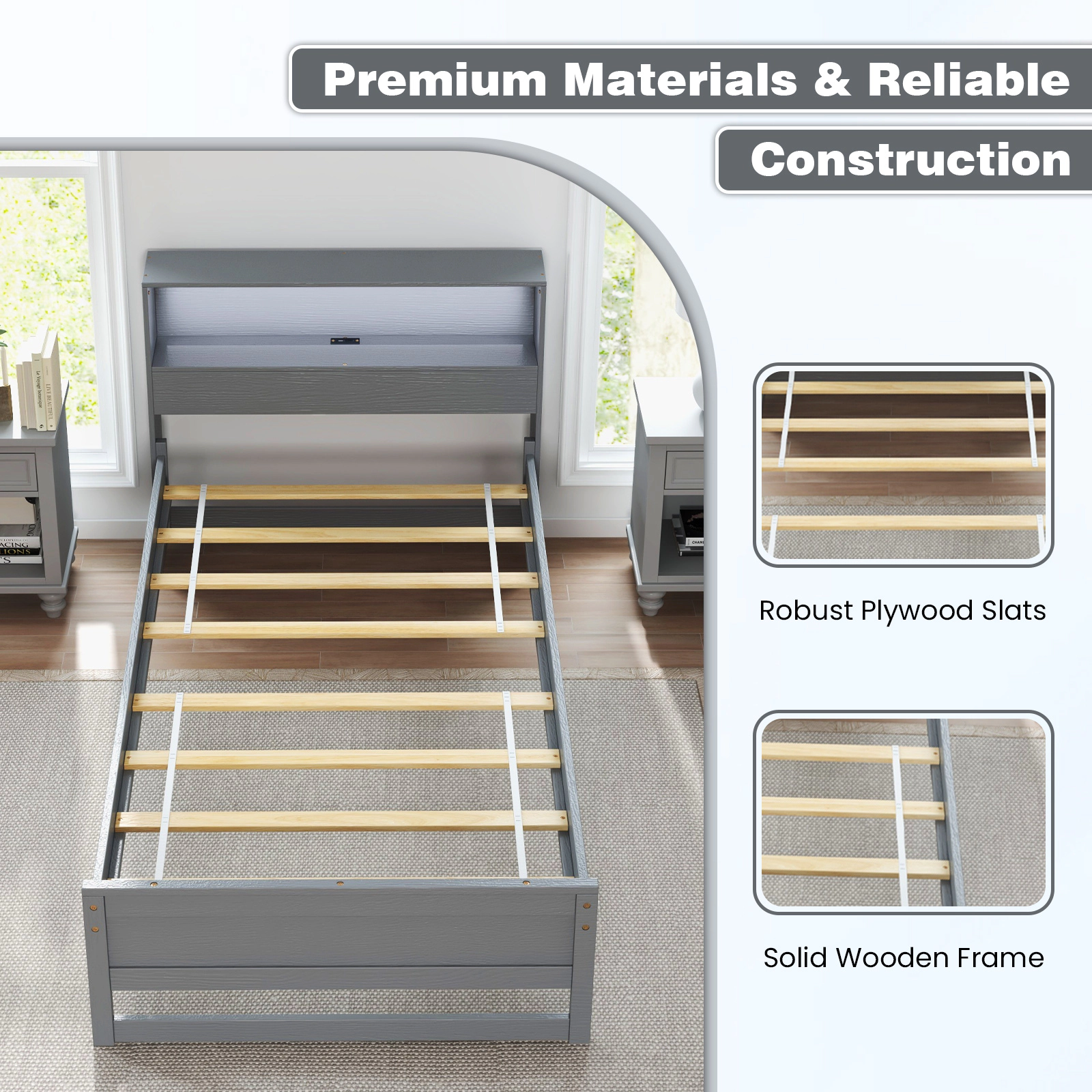 SUGIFT Gray Storage Headboard LED Light and Charging Station Twin Size Wooden Bed Frame