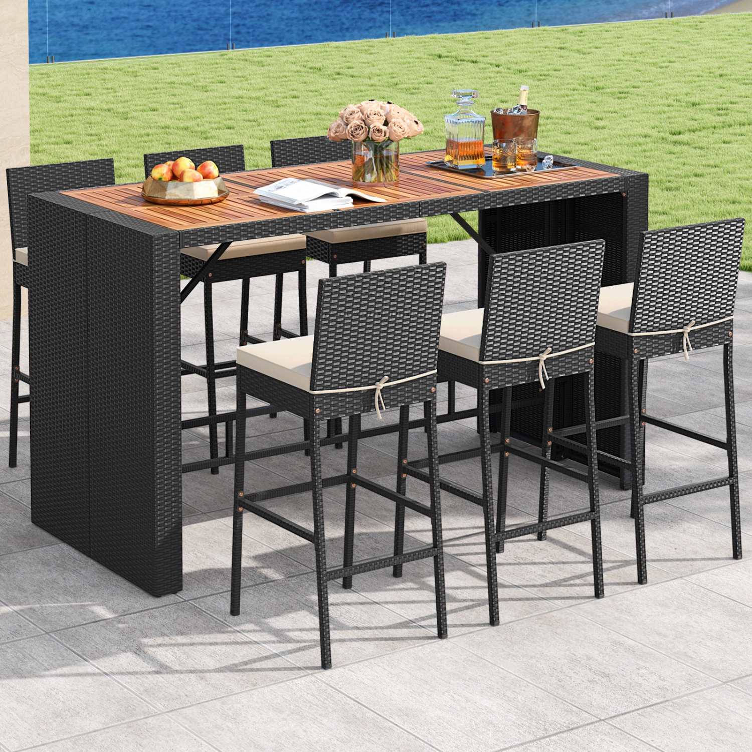 LJG 7 Pieces Patio Rattan Bar Set with Seat Cushions for Porch Yard Garden