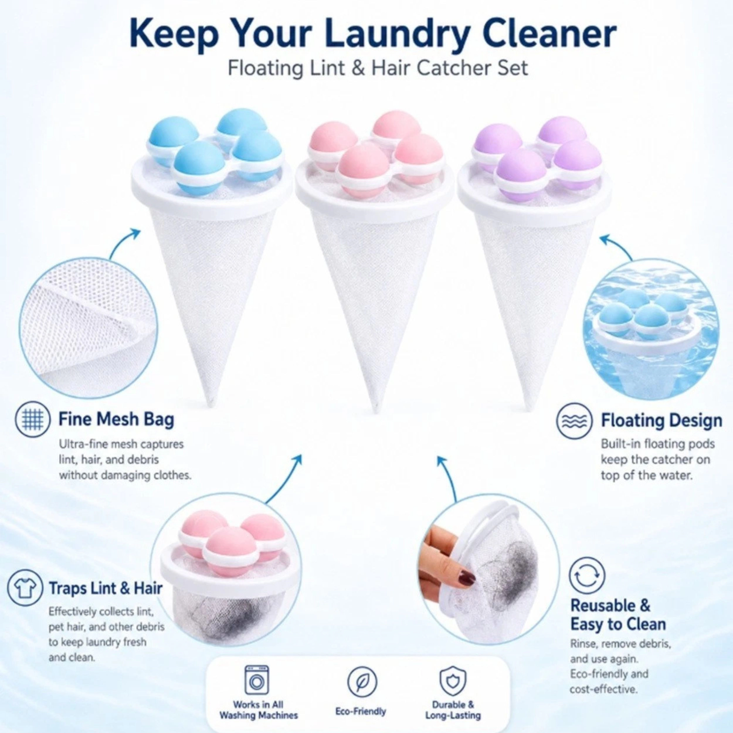 Home Collection Pack of 3 Laundry Lint Catcher Mesh Bags Pet Hair Remover Washer Floaters
