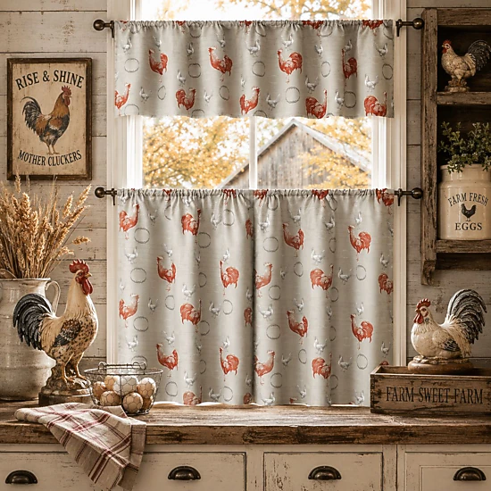 Kate Aurora Country Farmhouse Red Rooster Barn 3 Piece Kitchen Curtain ...