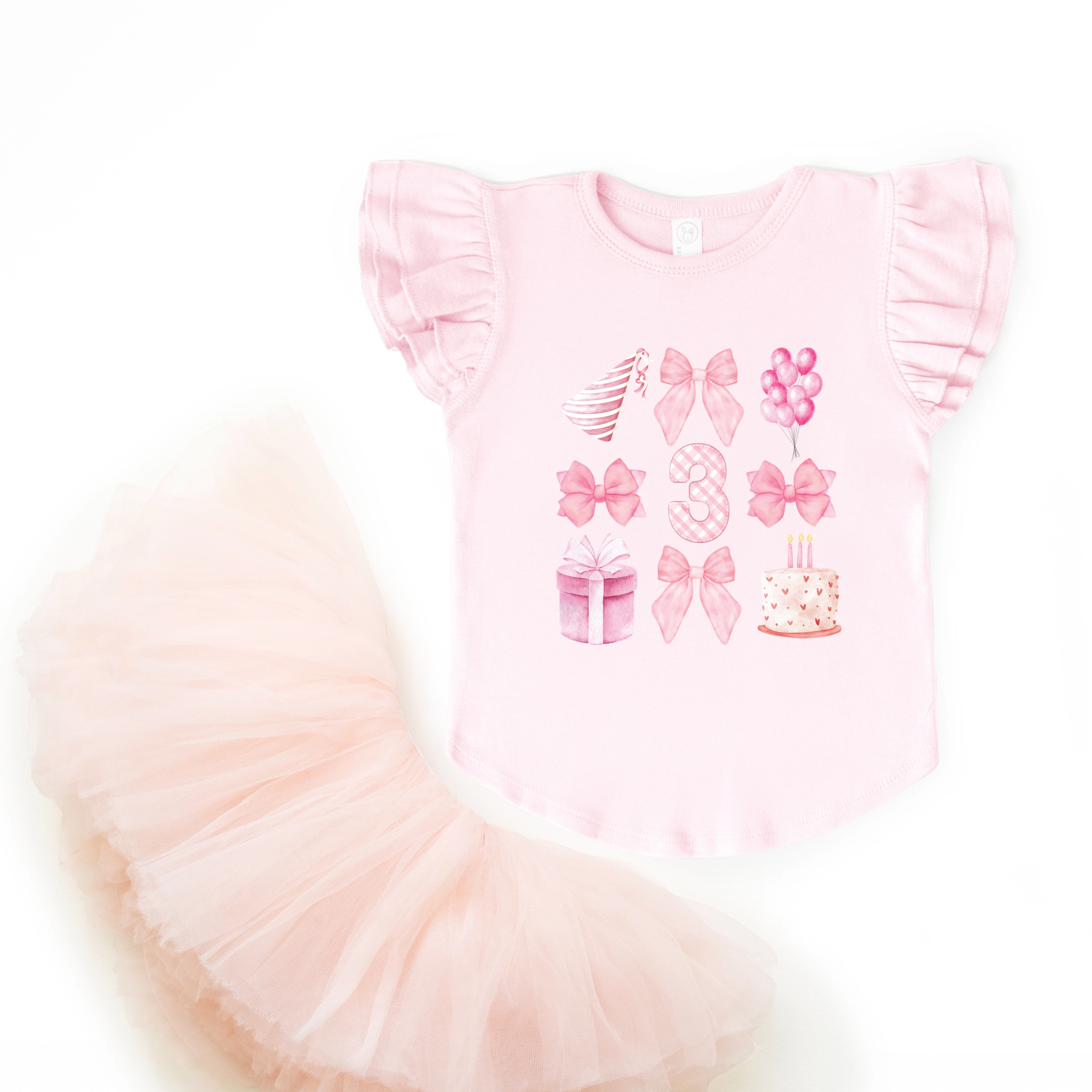 The Juniper Shop - Three Birthday Pink Coquette Flutter Sleeve Graphic T-Shirt
