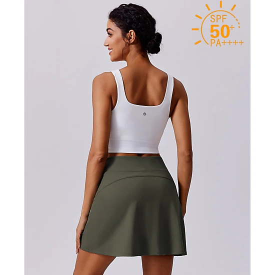 Pinspark Womens High Waist A-Line Skirts Solid Stretch Pockets Casual Mini Skorts