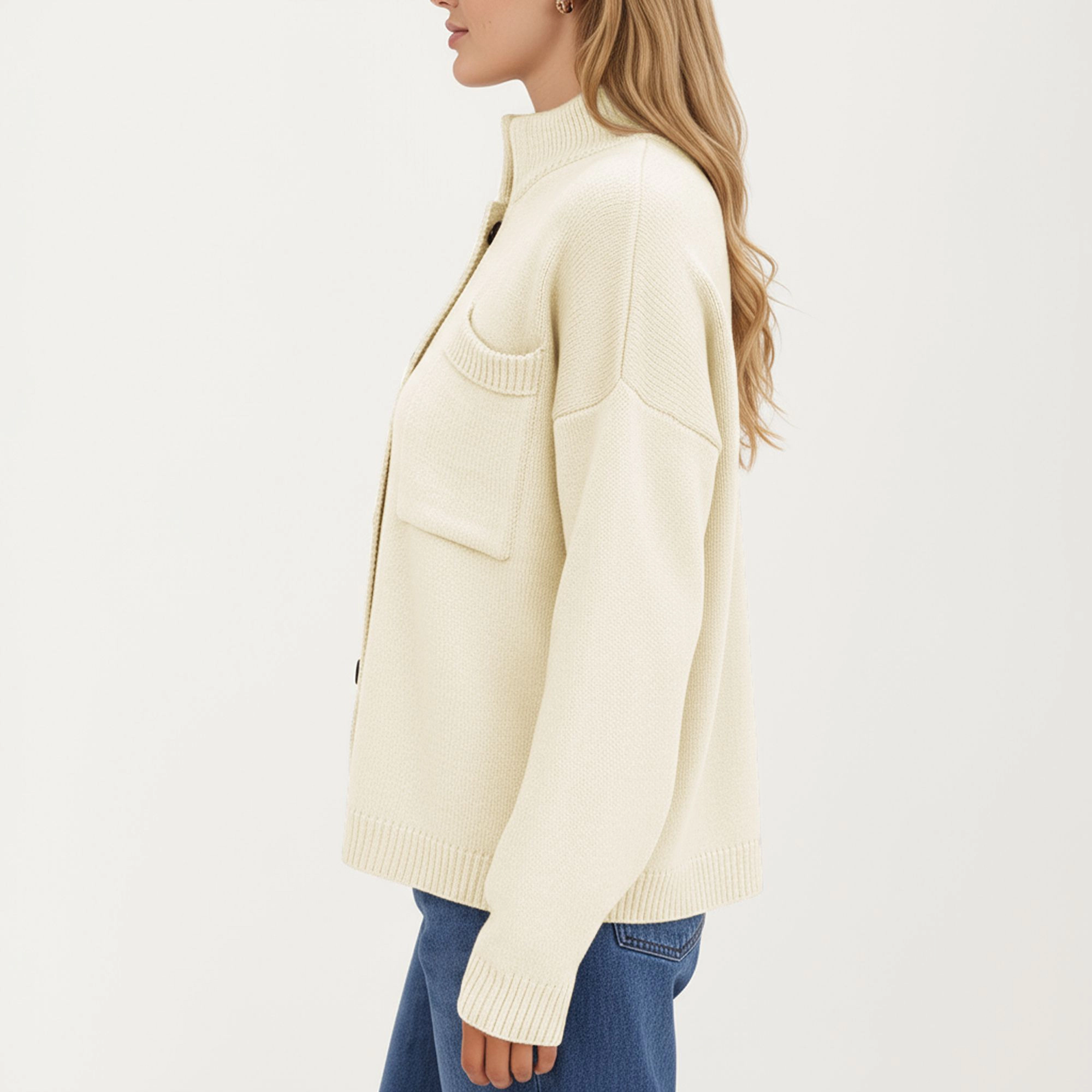 Anna-Kaci Women's Button Front Long Sleeve Knit Fashion Cardigan with Stand Collar and Pocket