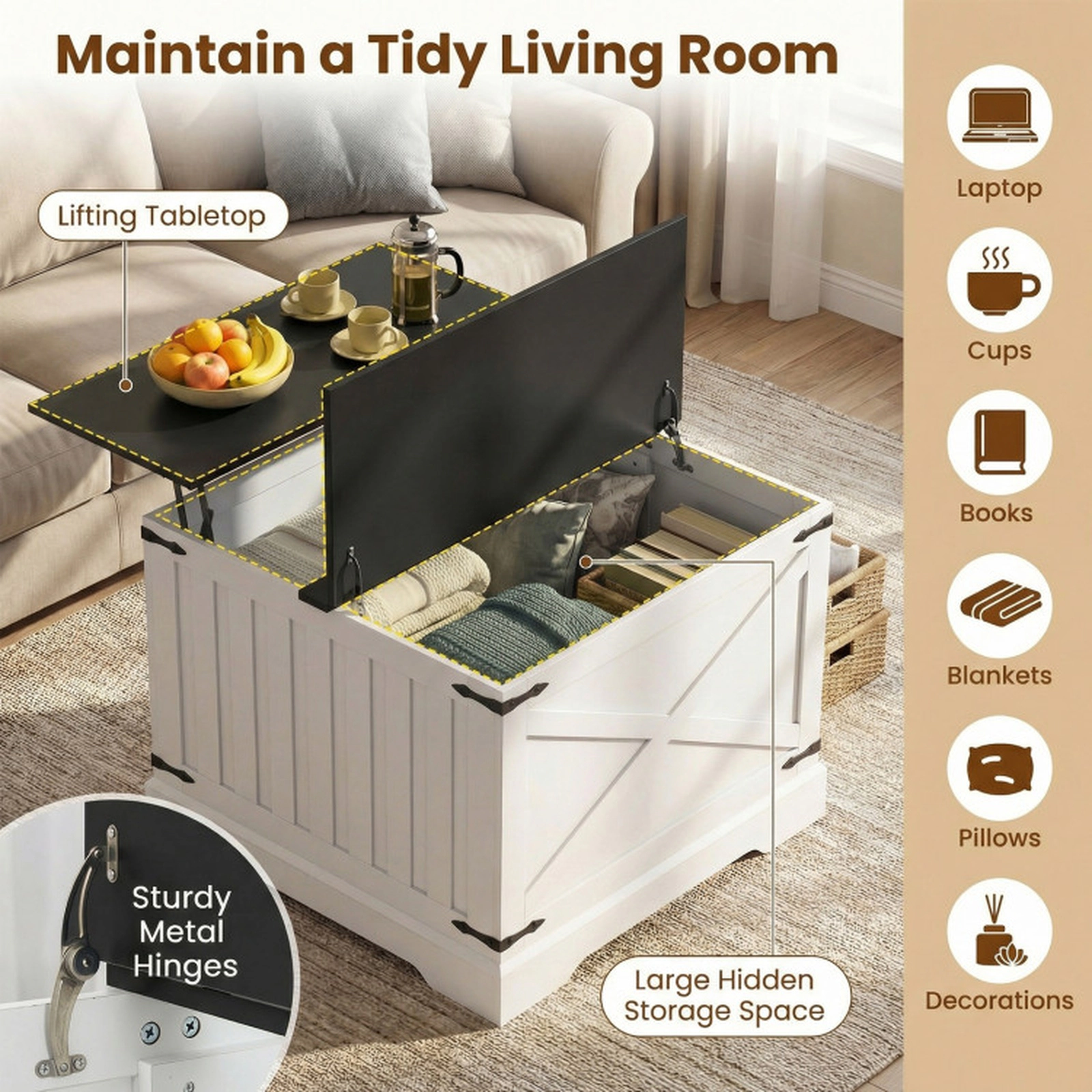 SUGIFT 31.5-in Square Black Farmhouse Hydraulic Lift Top Coffee Table with Flip-Top Hidden Compartment