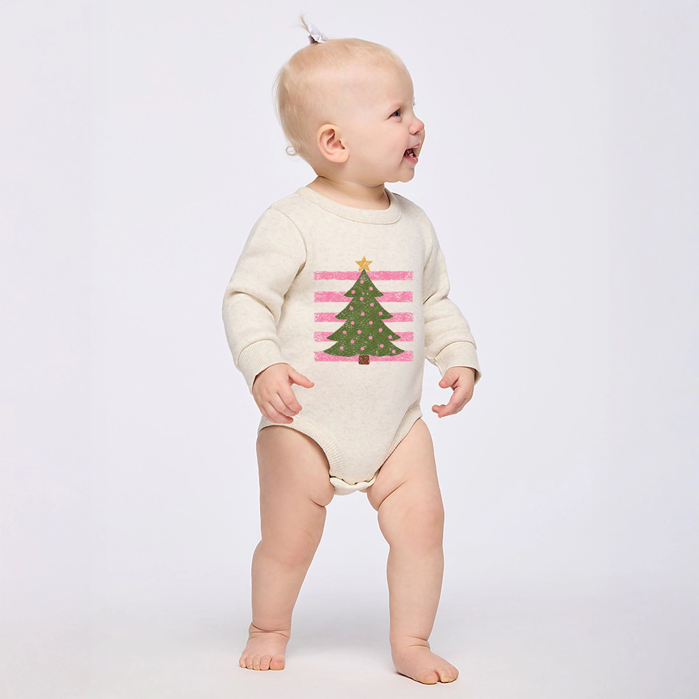 The Juniper Shop - Infant Fleece BodySuit Christmas Tree Pink Stripes