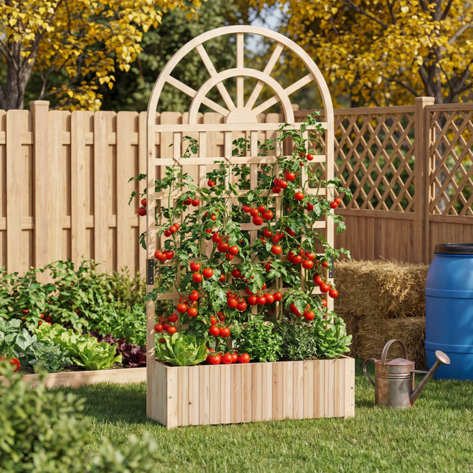 SUGIFT Natural Wood Raised Garden Bed with 71-in Lattice Trellis Privacy Screen 36-in W 12-in D 88-lb Box Capacity
