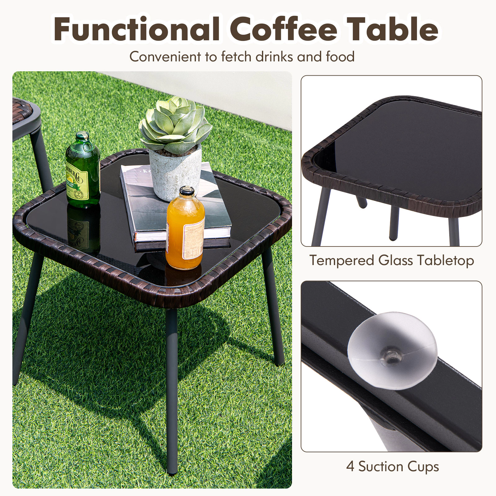 SUGIFT 3-Piece Patio Rattan Conversation Set with Quick Dry Foam Chairs 400-lb Capacity Mix Brown and Black