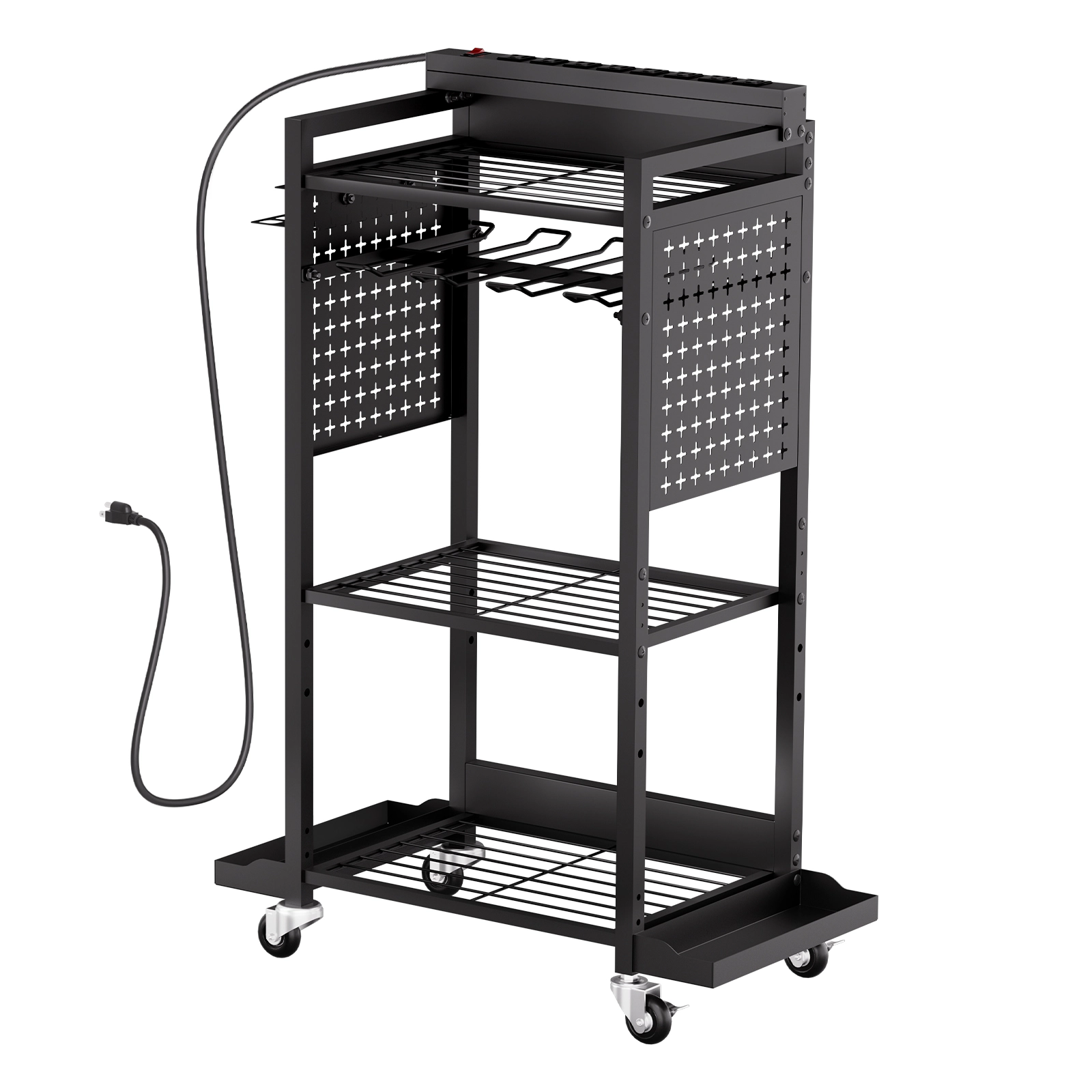 HONGGE Tool Organizer Cart with Charging Station 8 AC Outlet Floor Stand Rolling Drill Holder and Tool Battery Storage