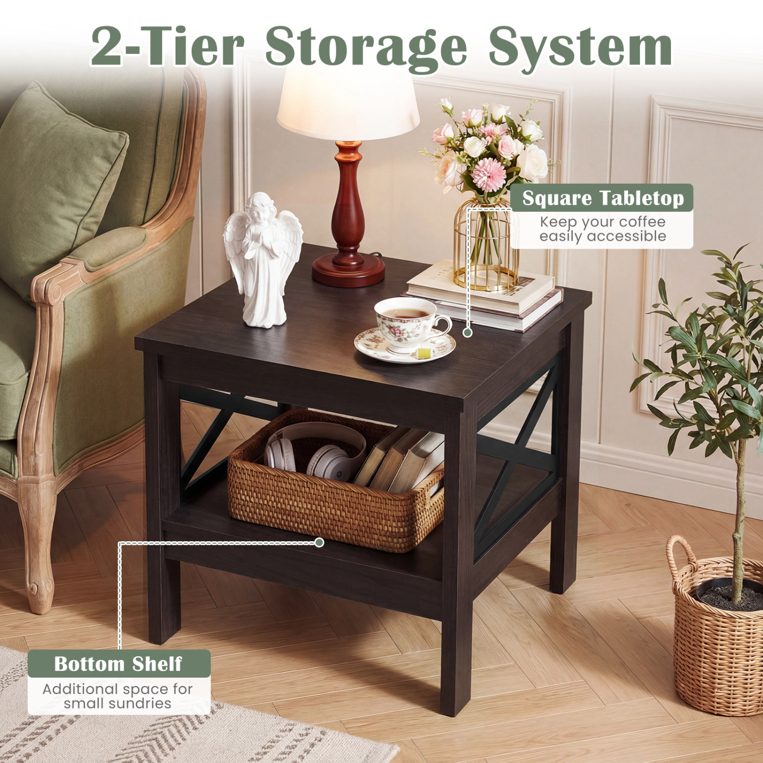 Glintex 2-Tier Square Side Table with X-Frame Legs and 220-Lb Capacity