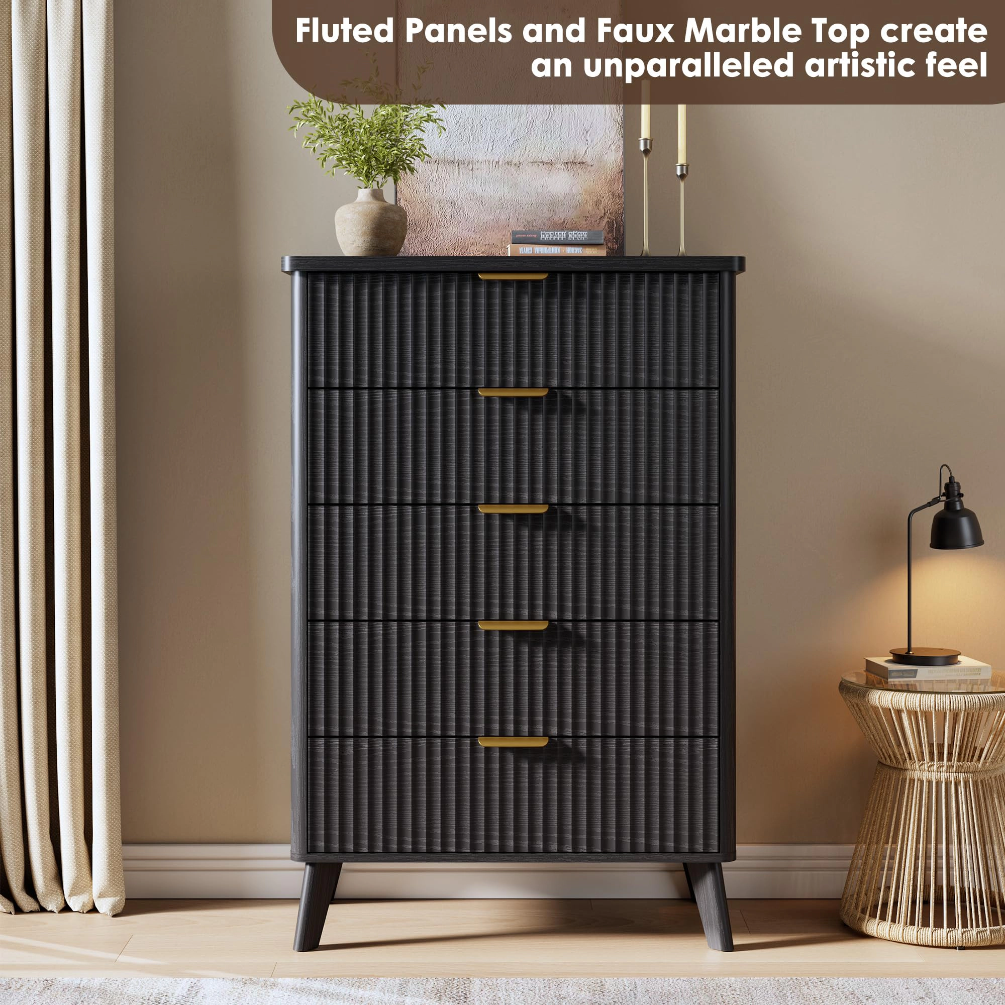 Fluted 5 Drawer Dresser, Curved Profile Design 47.2" Tall Wooden Chest for Bedroom Living Room Hallway