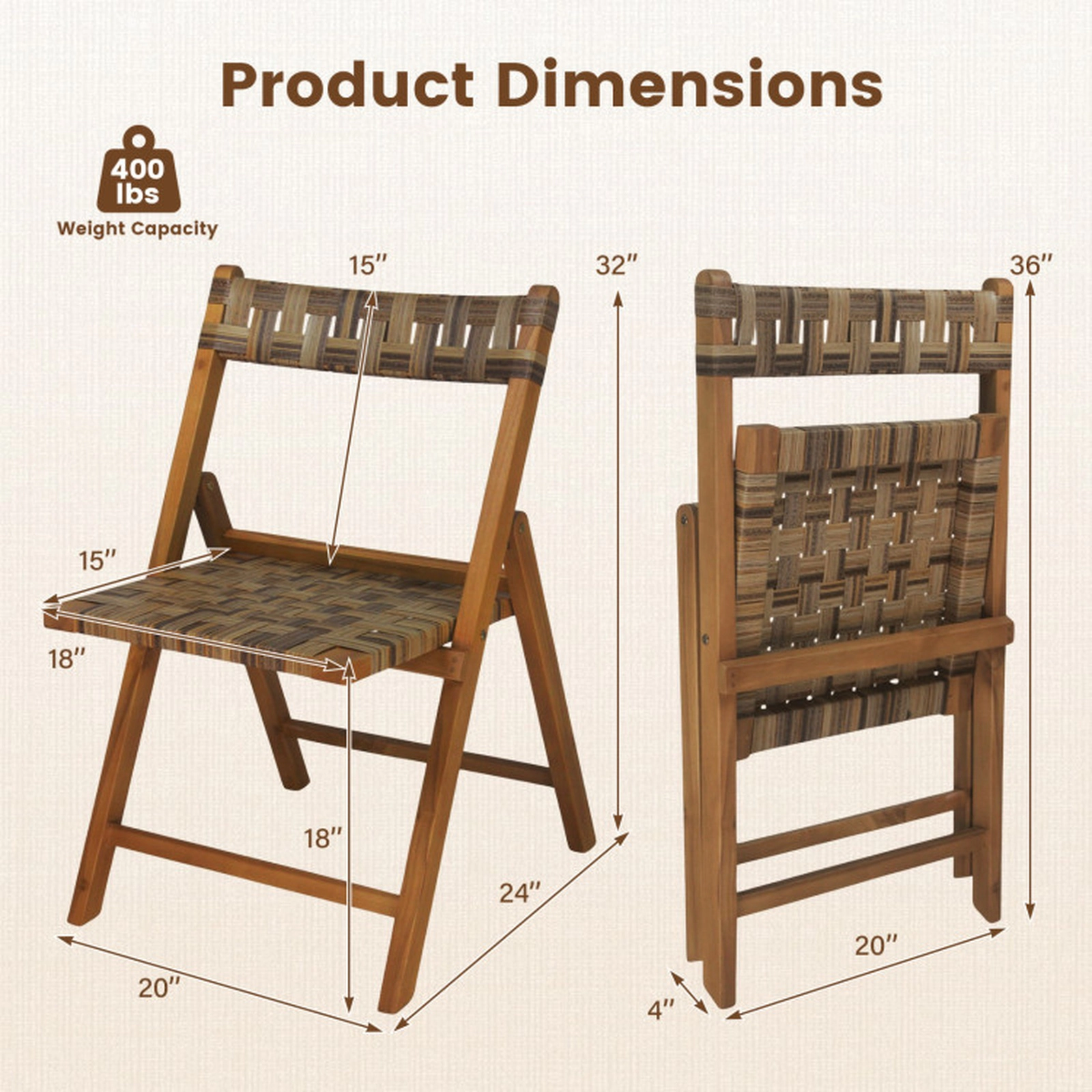SUGIFT Teak Folding Chairs Set of 2 with Hand-Woven Mix Brown Rattan 400-lb Capacity Contoured Back