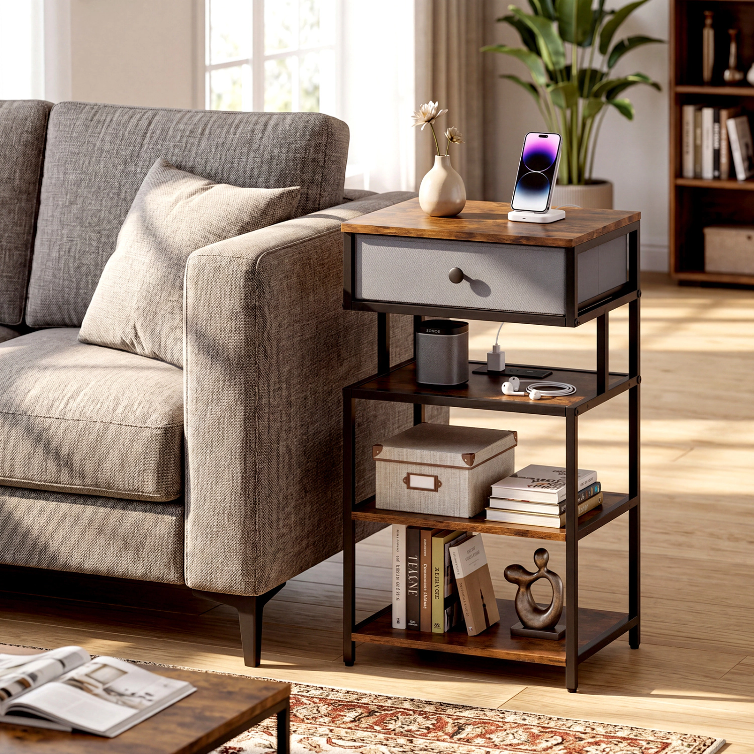 SlickBlue Rustic Brown Bedside Table with Power Outlets and USB