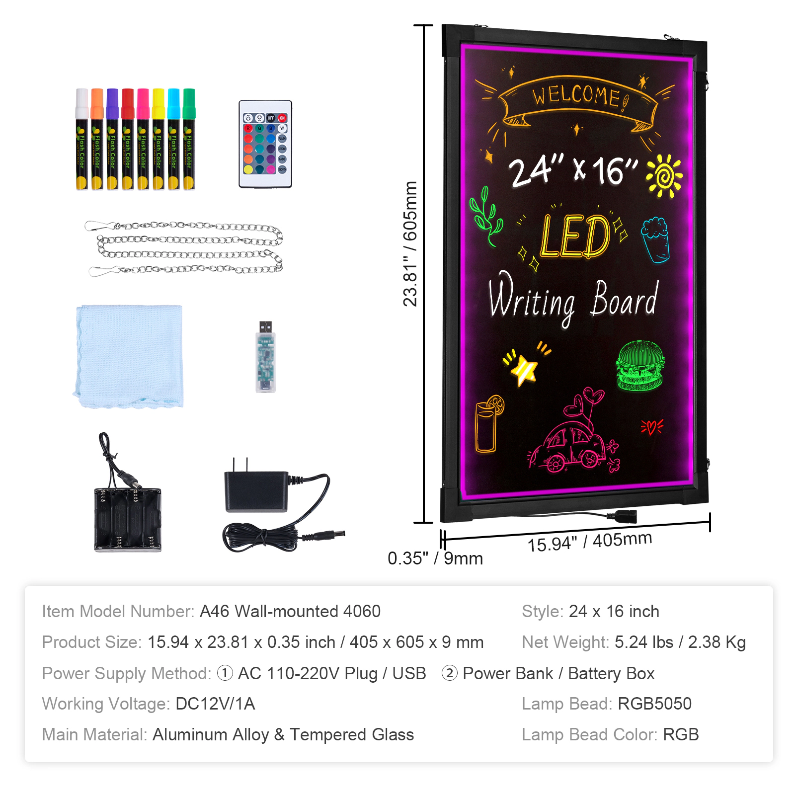 HONGGE LED Message Writing Board, Illuminated Erasable Lighted Chalkboard, Neon Effect Menu Sign Board