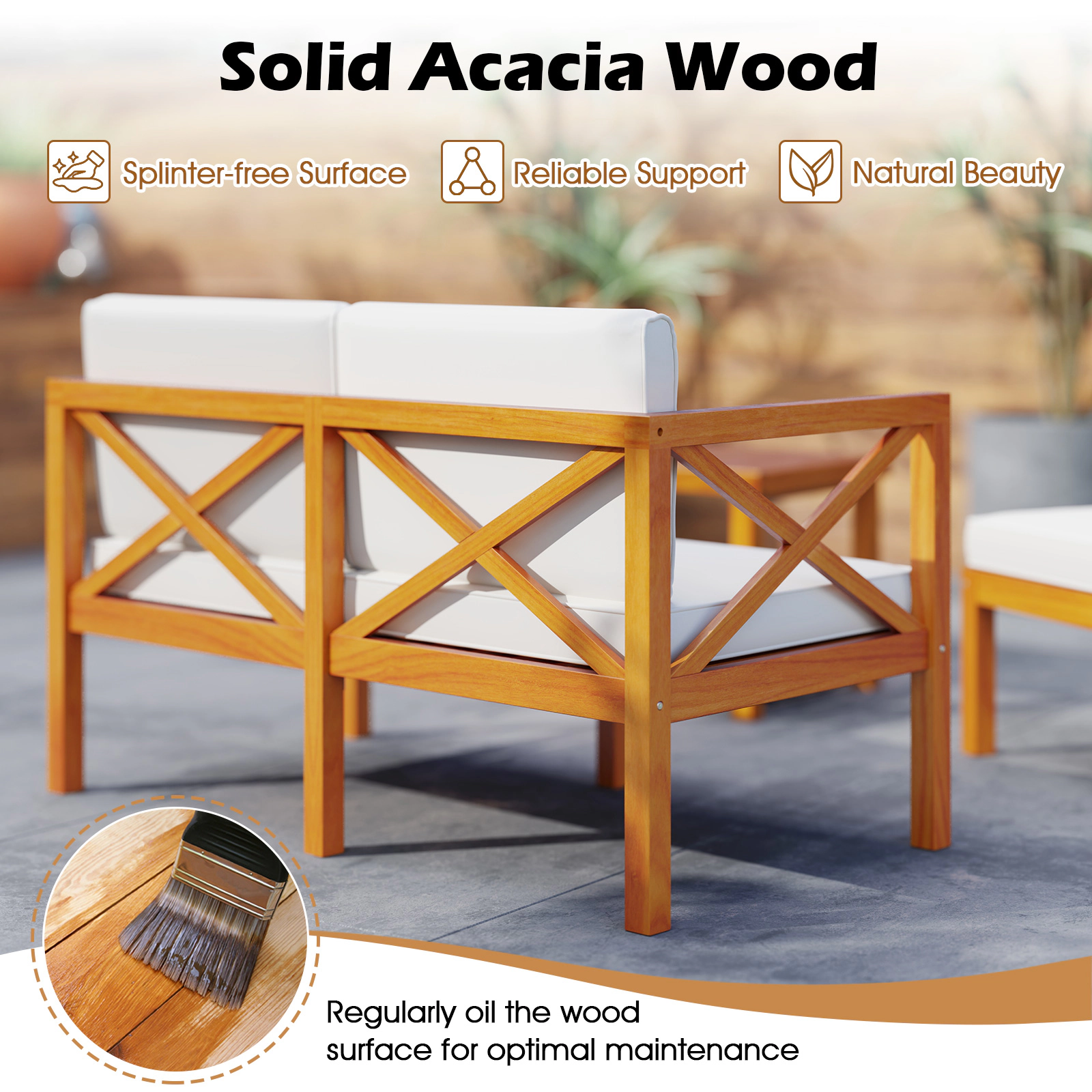 LJG 5 Pieces Acacia Wood Patio Lounge Chair Set with Ottomans and Cushions