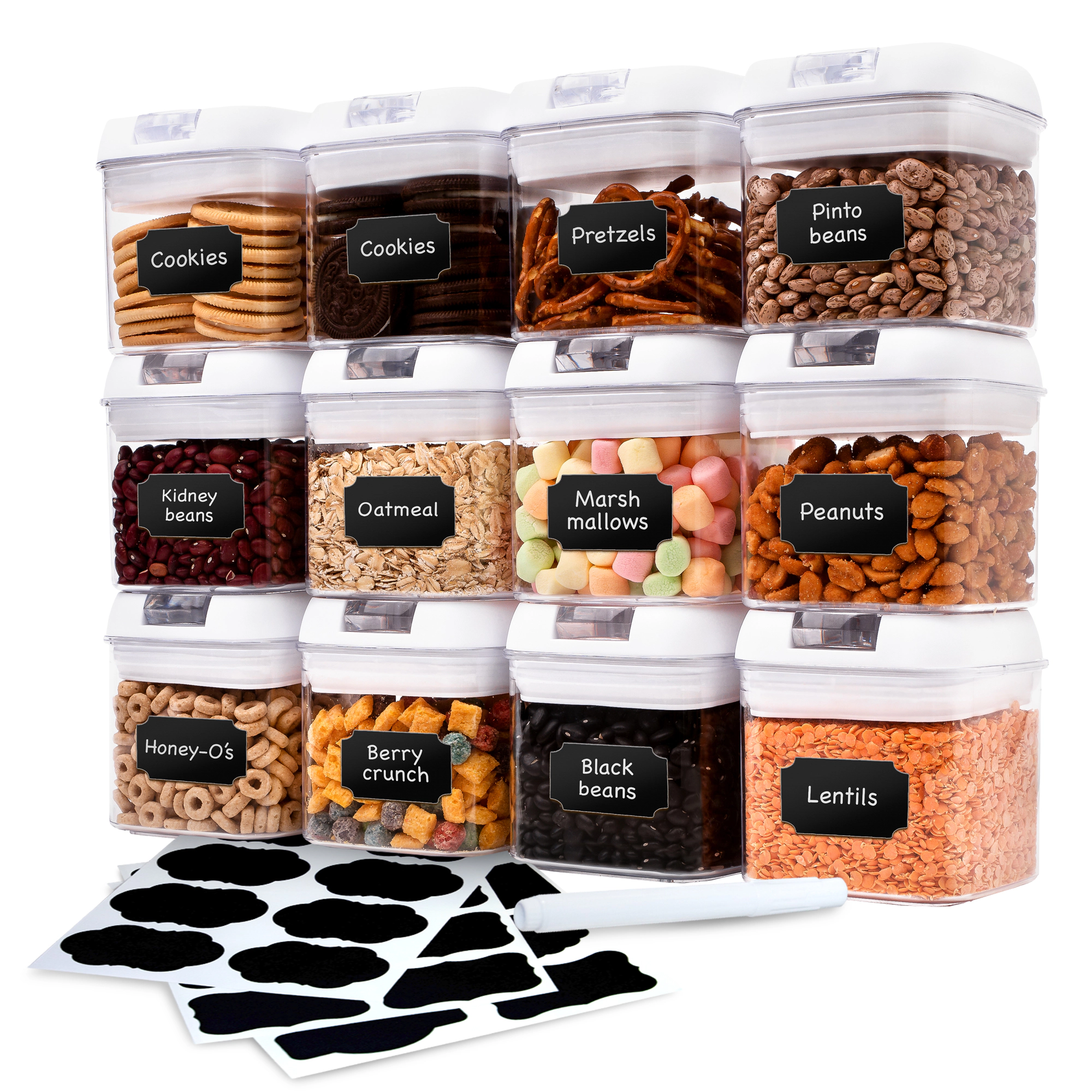 Cheer Collection Stackable Airtight Food Storage Containers with Labels, 12-Pack, White