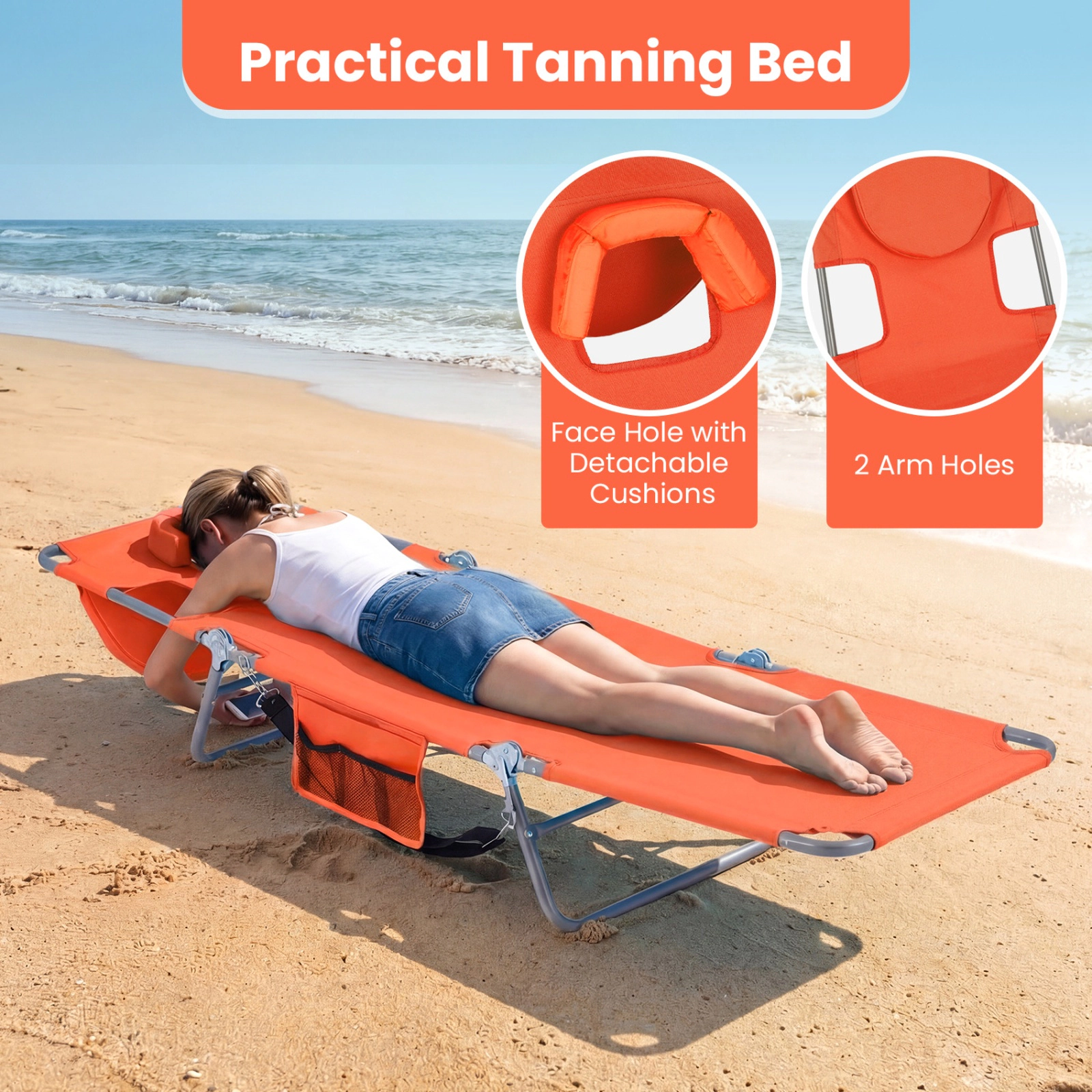 SUGIFT Folding Beach Lounge Chair with Adjustable 5-Position Backrest 330-Lb Capacity 72.5-in Lounge Length Orange