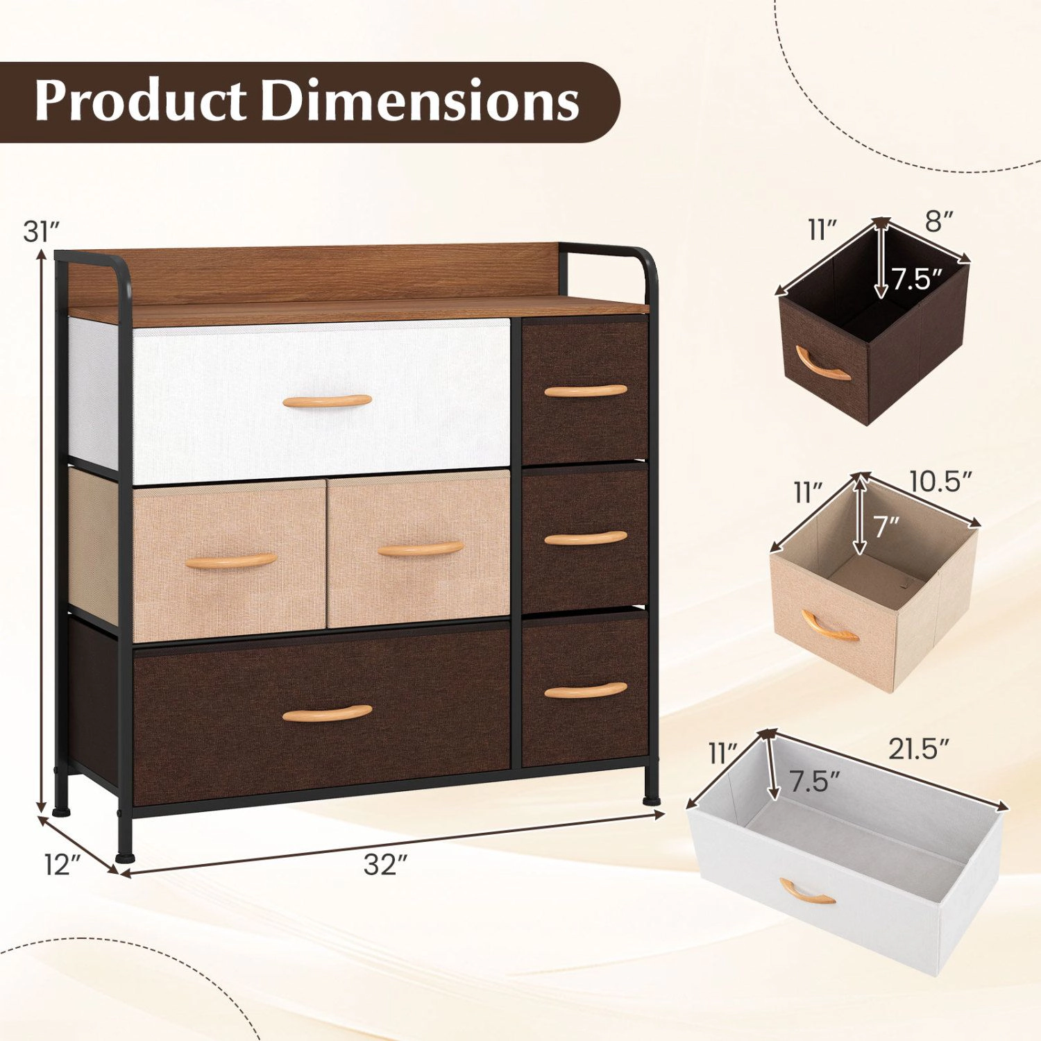 SlickBlue 7 Drawer Tower Steel Frame and Wooden Top Dresser Storage Chest