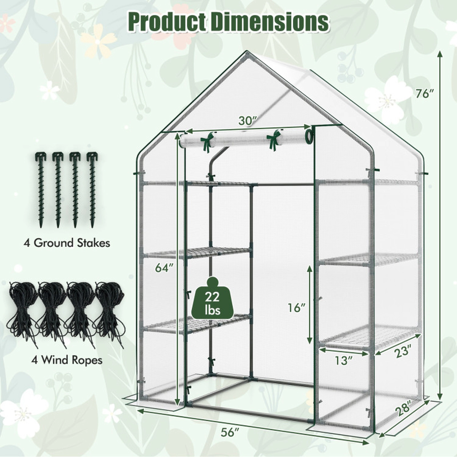 SUGIFT Portable Walk-in Greenhouse with 3 Tiers and 6 Shelves PE Cover Green