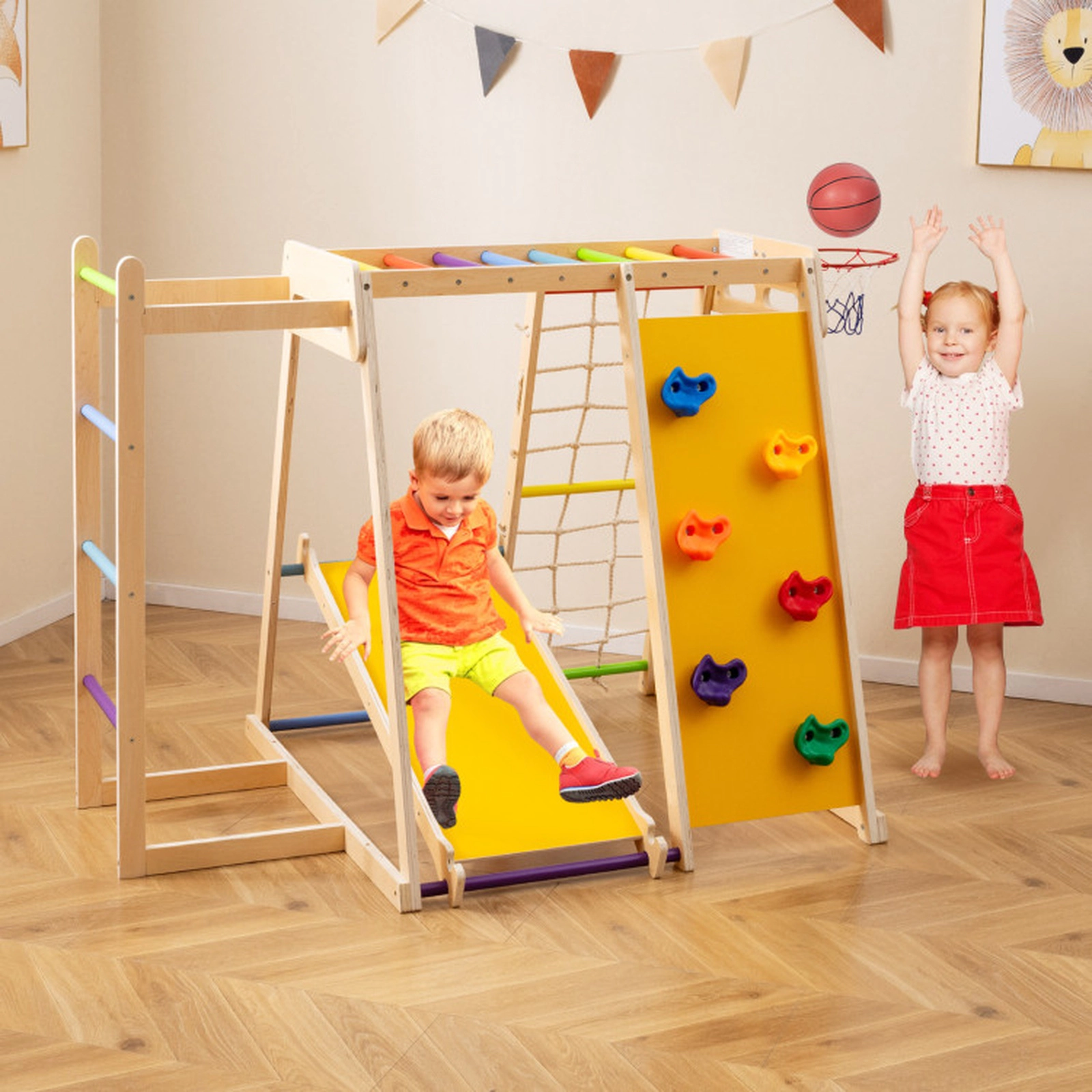 SUGIFT Kids 6-in-1 Climber with Slide Ball Toss and Birch Poles 67.5-in W 43-in D 330-lb Total Capacity Multicolor