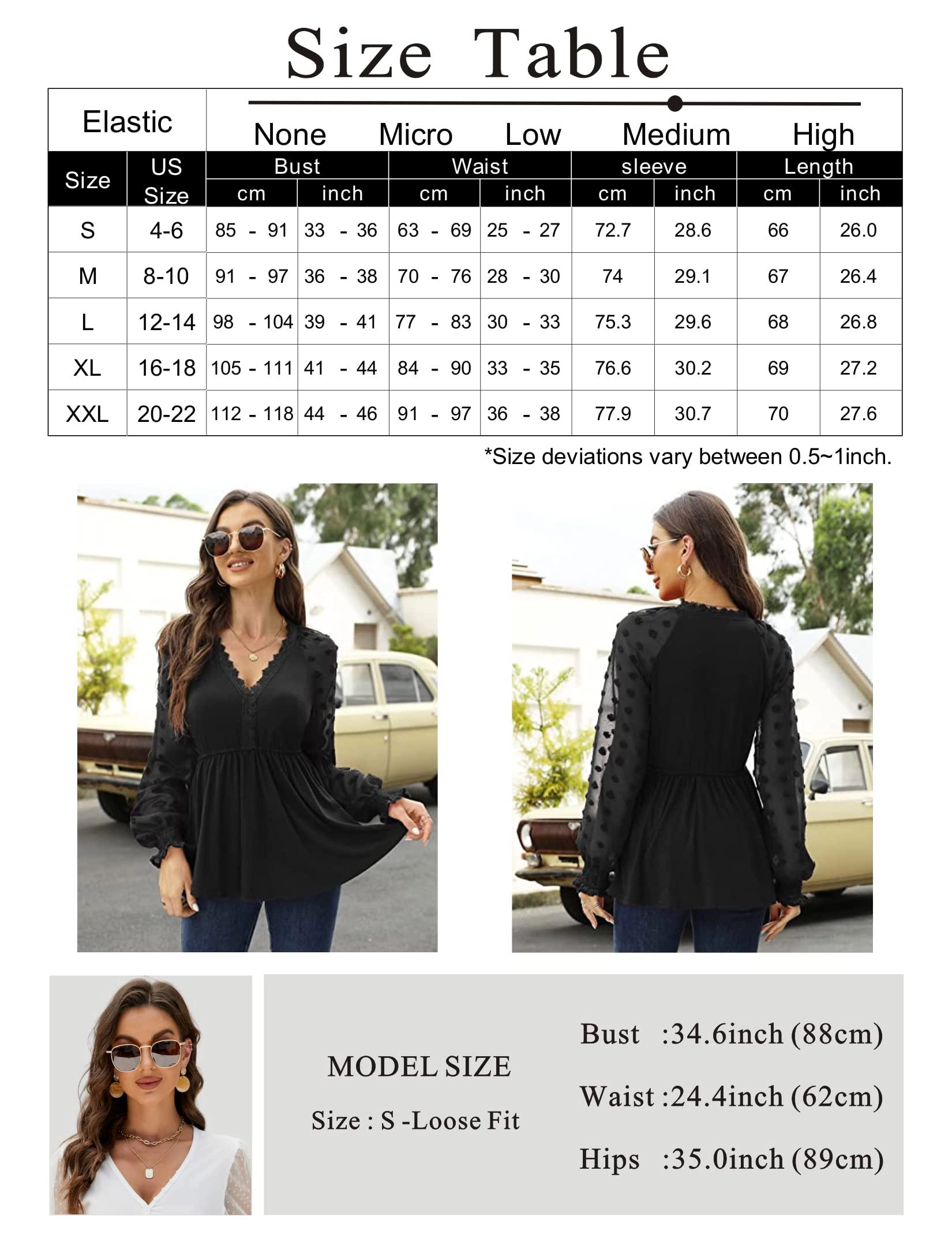 KOJOOIN Women's Peplum Tunic Top Lace Trim V Neck Swiss Dot Sheer Blouse Smocked Ruffle Cuffs Flowy Shirt