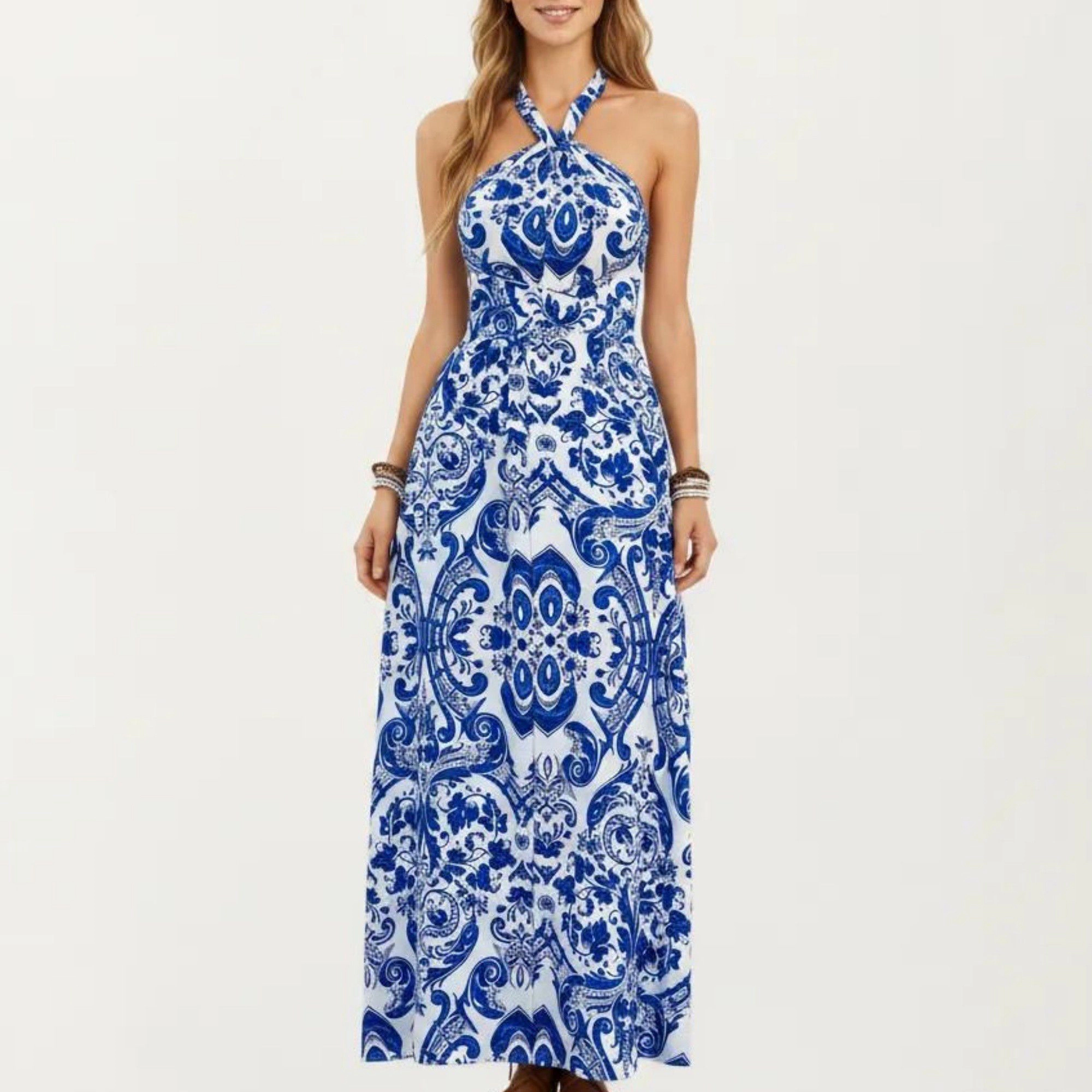 Anna-Kaci Women's Mediterranean Tile Print Halter Criss-Cross Back Maxi Dress