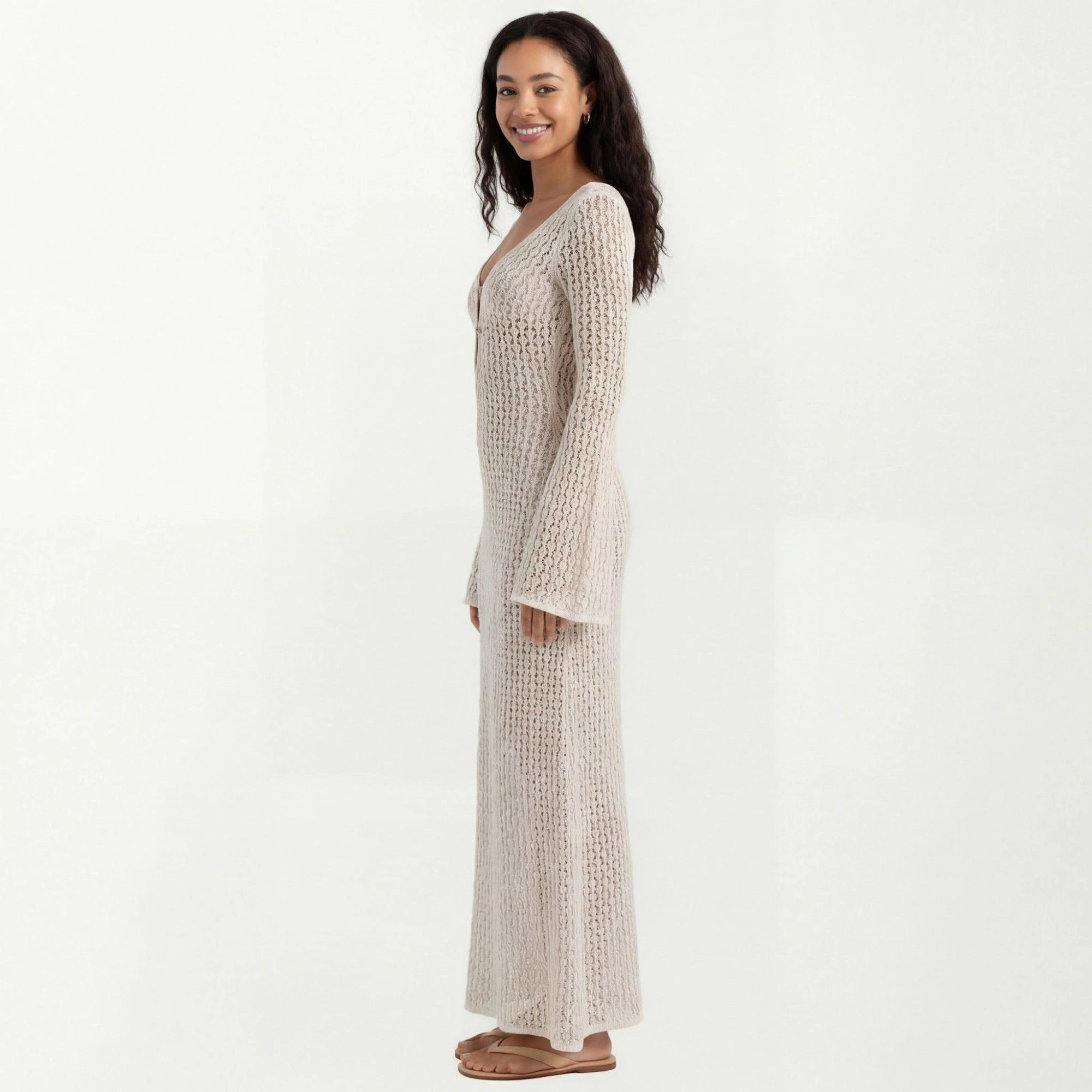 Anna-Kaci Women's Sheer Knit Crochet Long Bell Sleeve Deep V Neck Maxi Swim Cover Up Dress