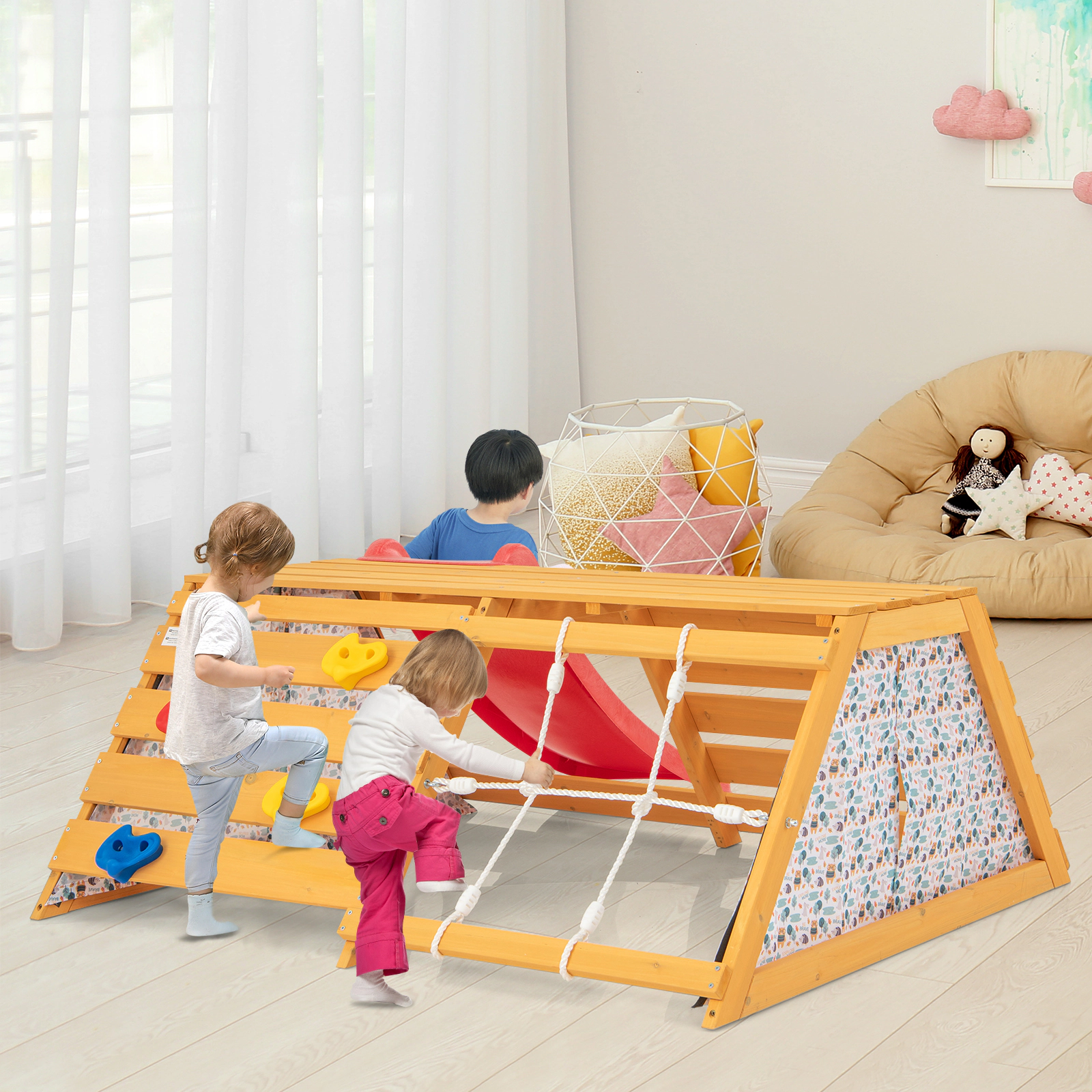 SUGIFT Natural Slide Rock Climbing Wall and Rope Climber 5-in-1 Kids Wooden Indoor Jungle Gym