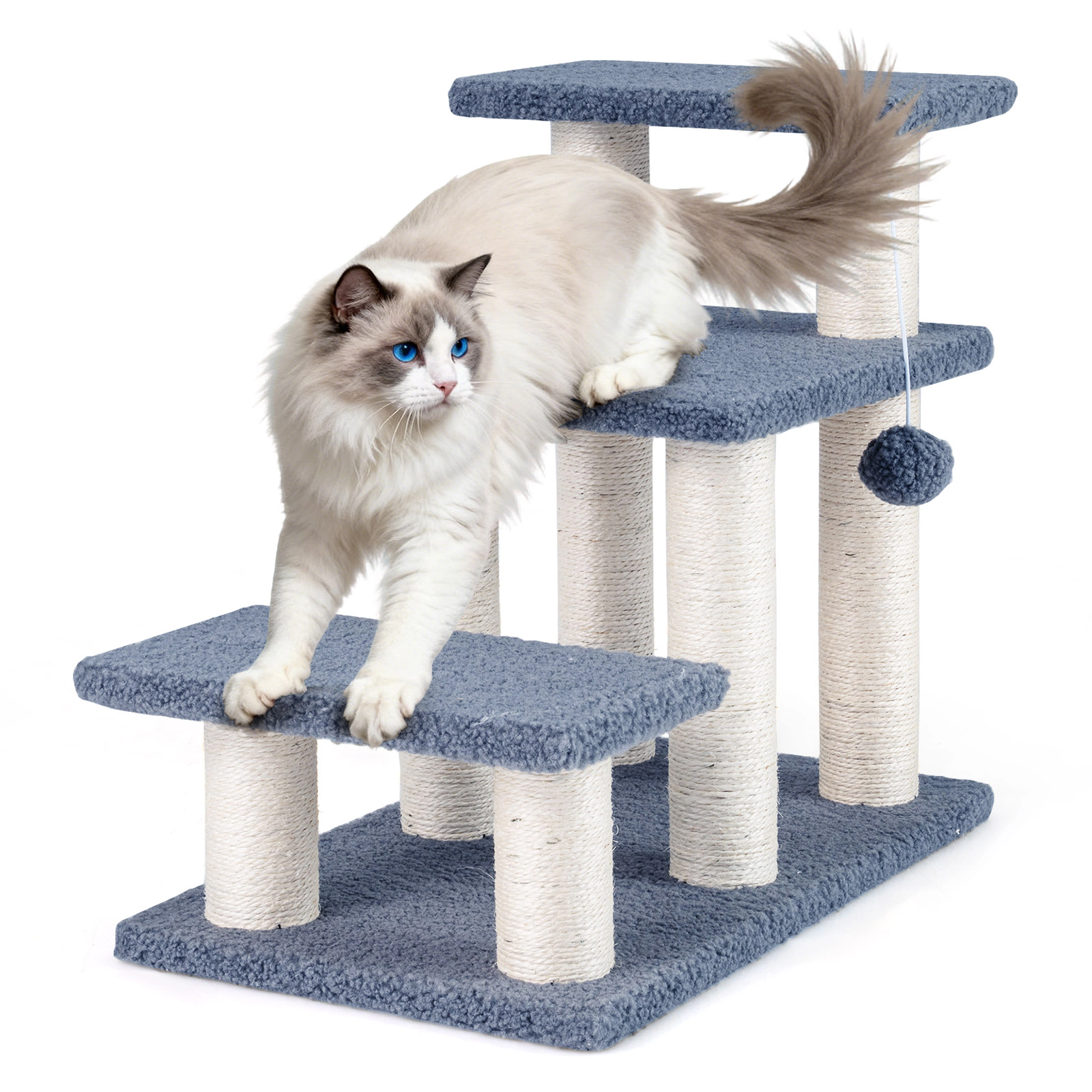 SUGIFT 3-Tier Cat Stairs Cat Tree 20-in Tall with Scratching Posts and Hanging Toy Ball 33-lb Capacity Gray