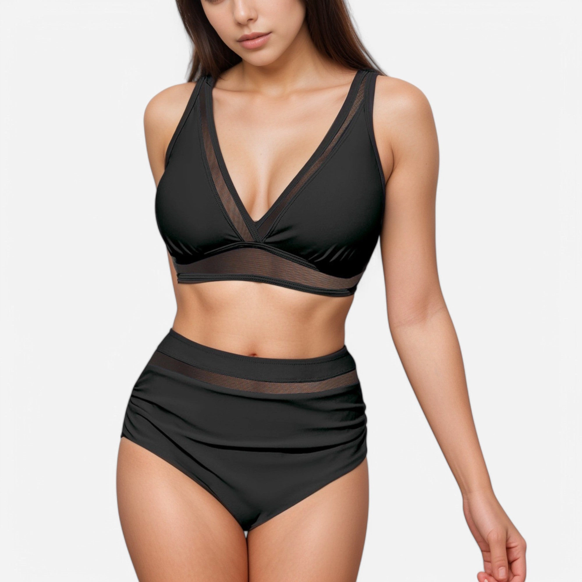Anna-Kaci Womens Mesh Trim Deep V-Neck Two-Piece Swimsuit