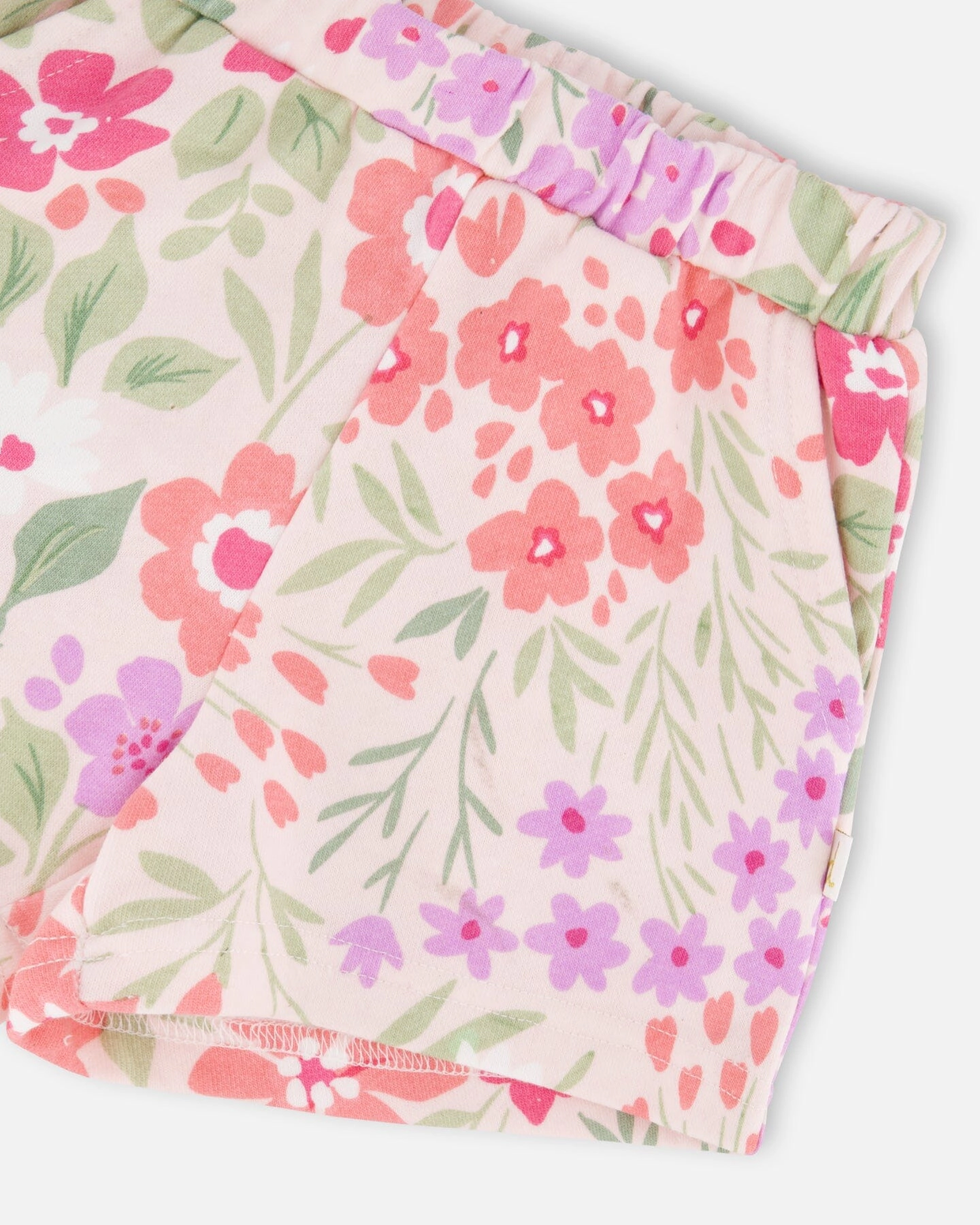 Deux par Deux Girls Flower Print French Terry Elastic Waist Slant Pocket Shorts