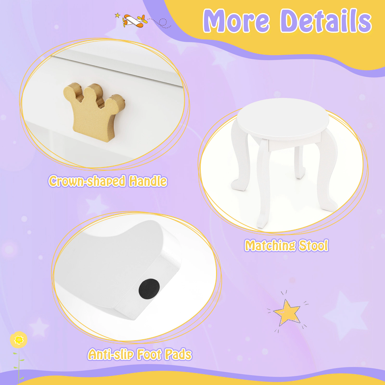 SUGIFT White Tri-Fold Lighted Mirror Detachable Top and Stool Kids Vanity Set