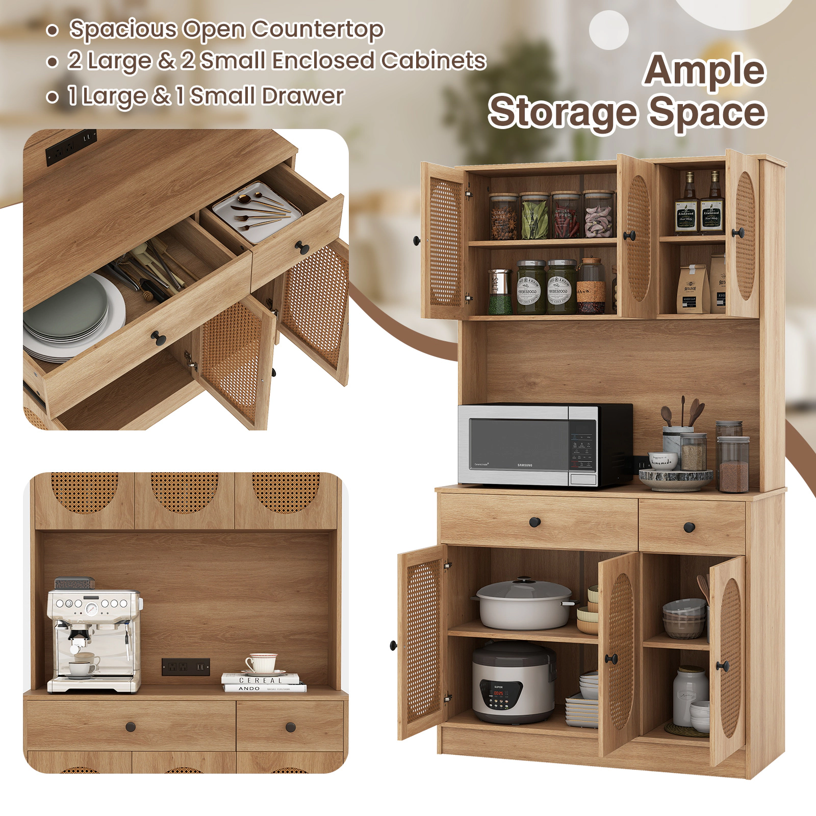 Glintex 71-Inch Pantry Cabinet with 6 Rattan Doors and Charging Station, Natural