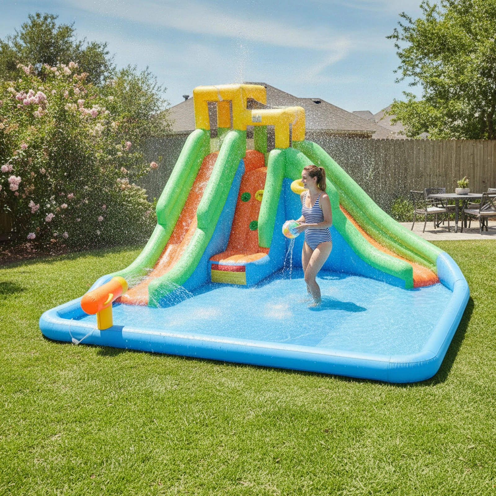 Inflatable Water Slide for Kids Backyard with Double Slides Splash Pool Water Cannon Climbing Wall