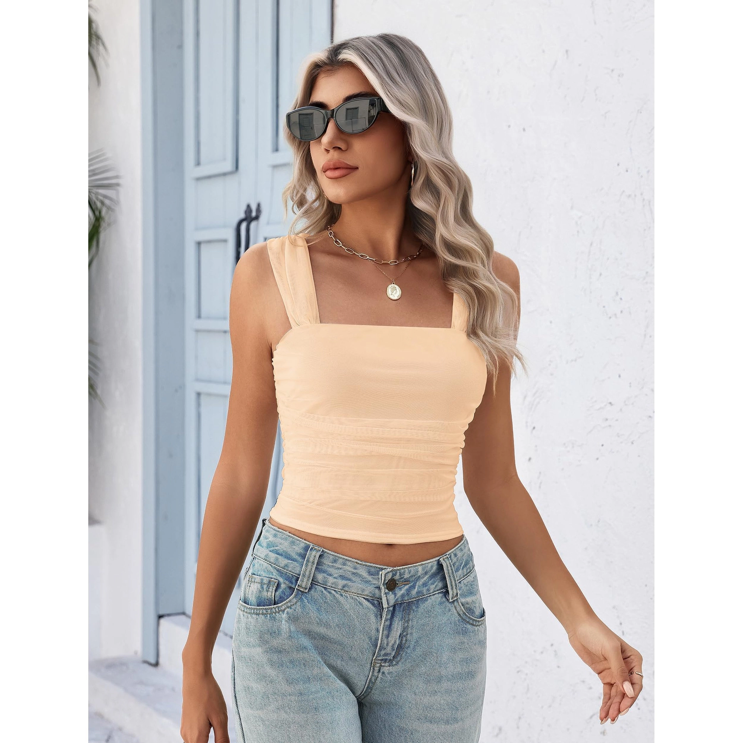 Avidlove Women's Mesh Square Neck Ruched Crop Wide Strap Tank Top