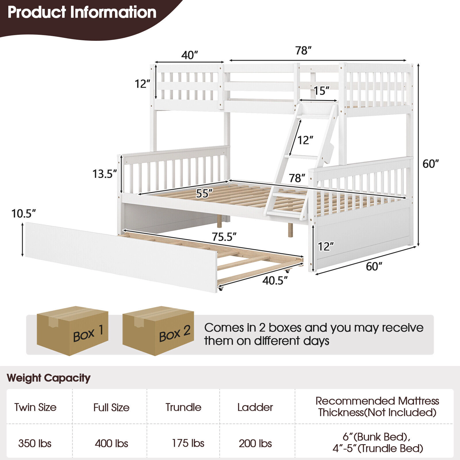 SUGIFT White Twin Over Full Solid Pine Convertible Bunk Bed with Twin Trundle Guardrails and 3-Step Ladder