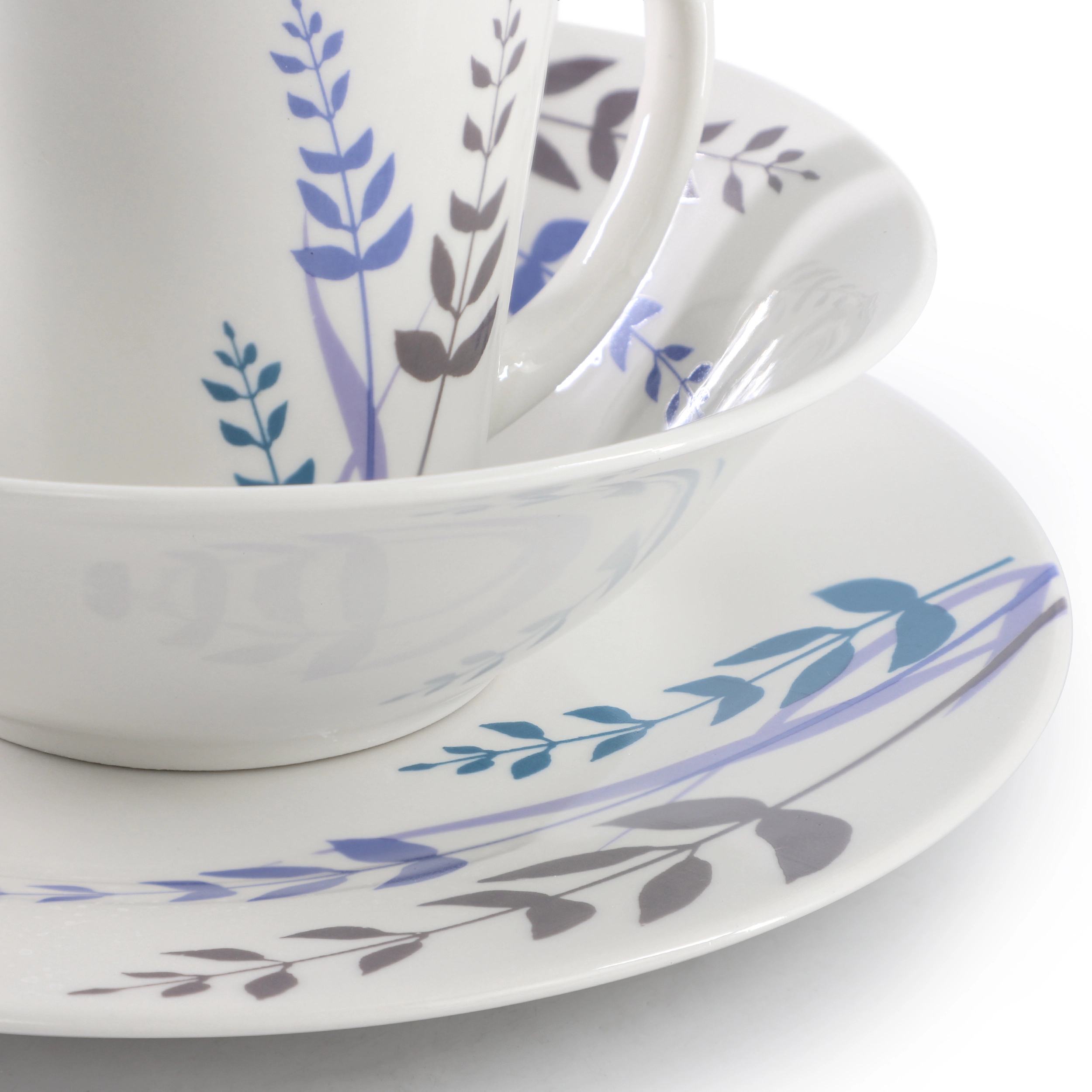 Gibson Home Blue Leaves 12 Piece Round Fine Ceramic Decorated Dinnerware Set in White