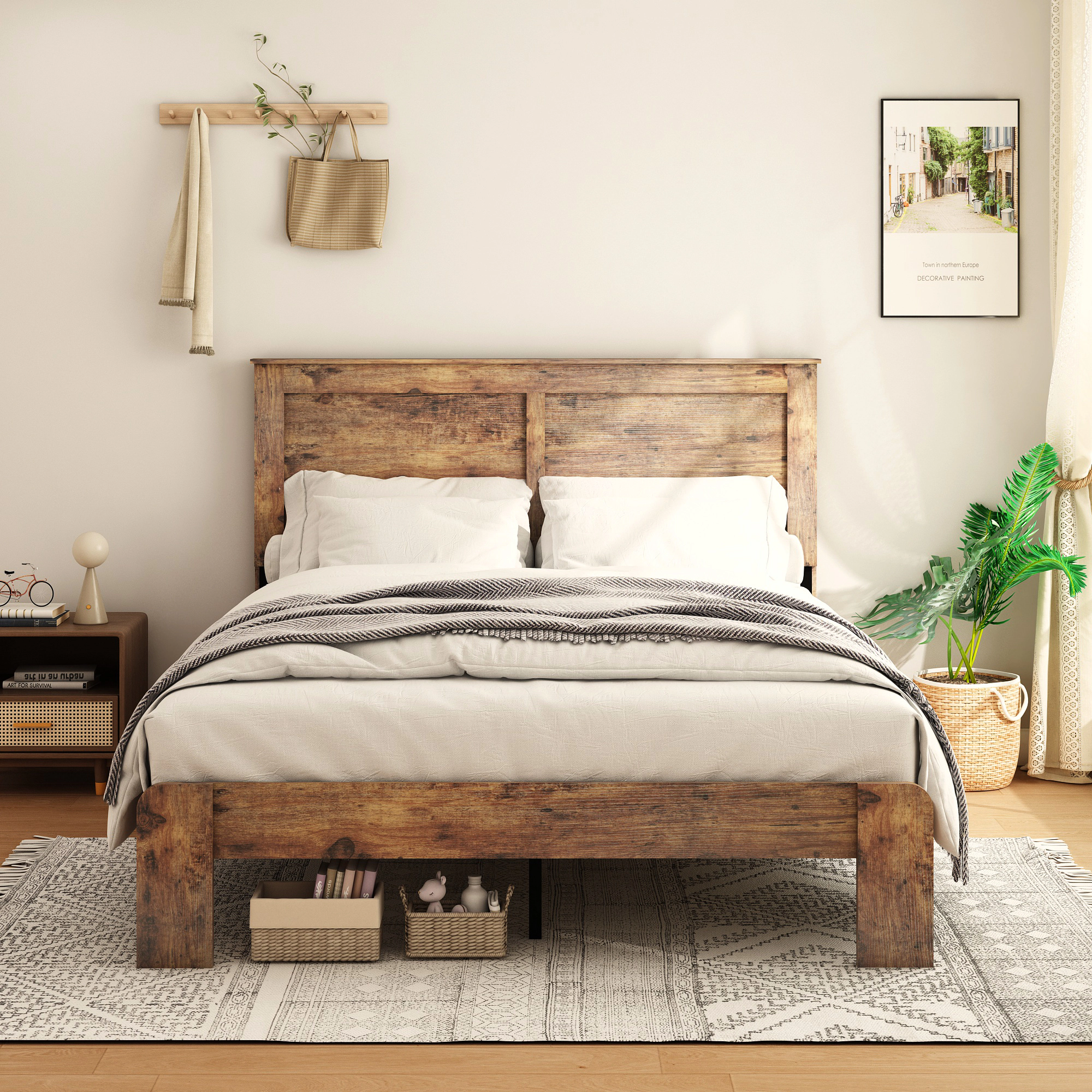 Flynama King Wood Platform Bed, Noise-Free, Large Under-Bed Storage, Dark Brown