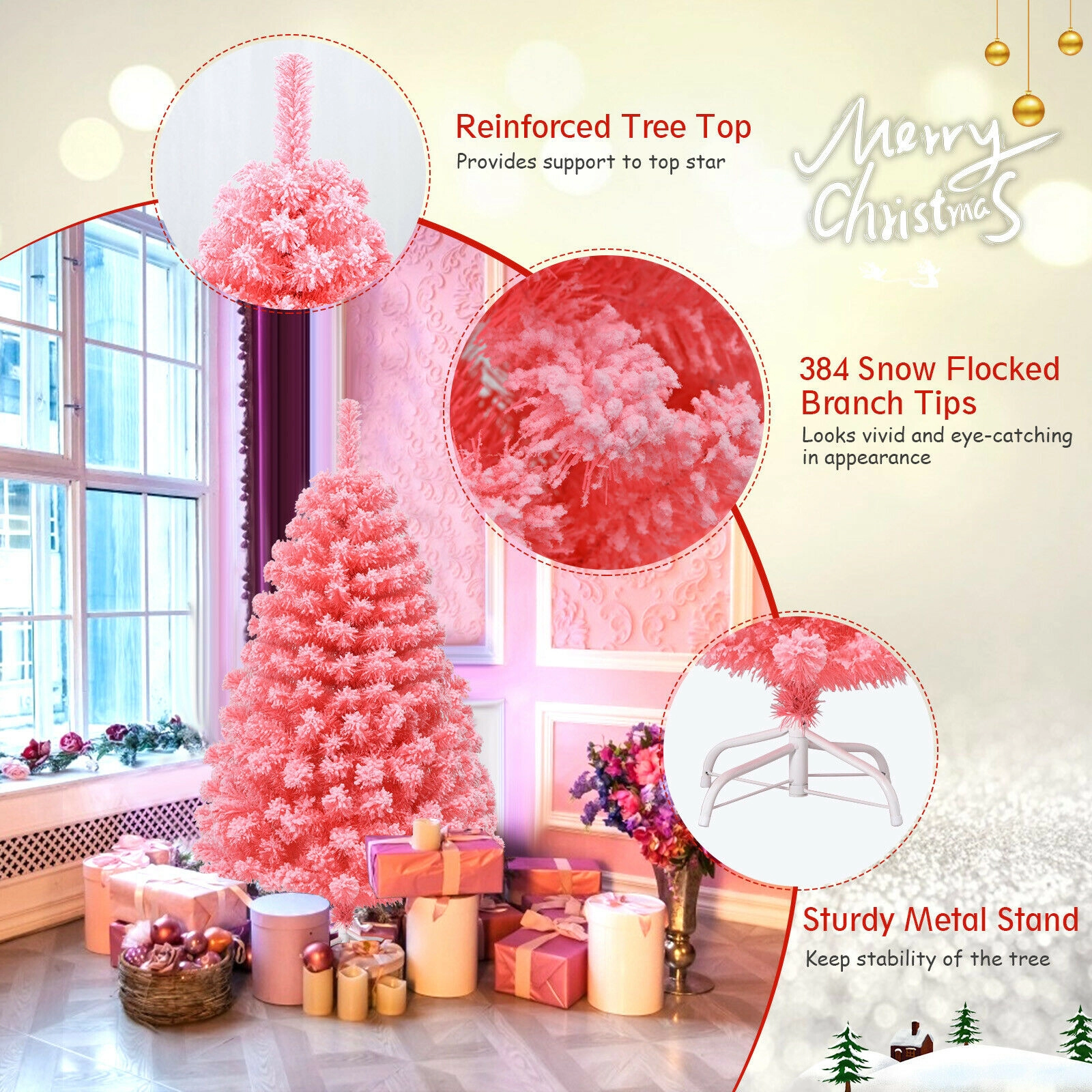 Glintex 4.5-Ft Pink Snow Flocked Christmas Tree with 348 Tips and Metal Stand, Pink
