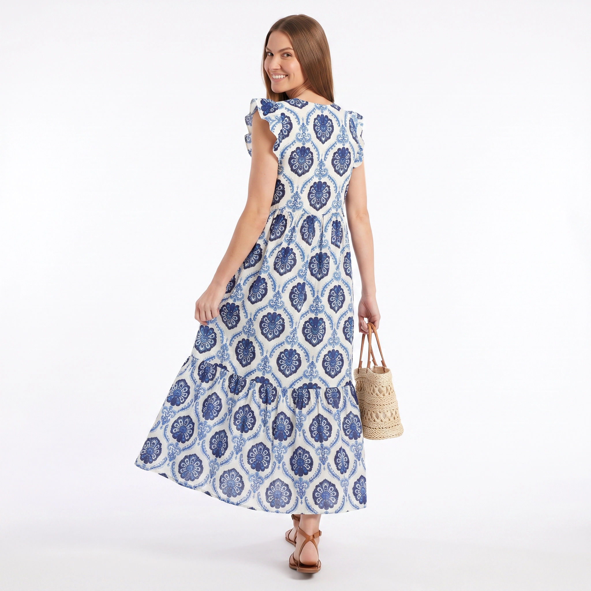 Anna-Kaci Women's V-Neck Ruffle Cap Sleeve Paisley Tiered Midi Dress