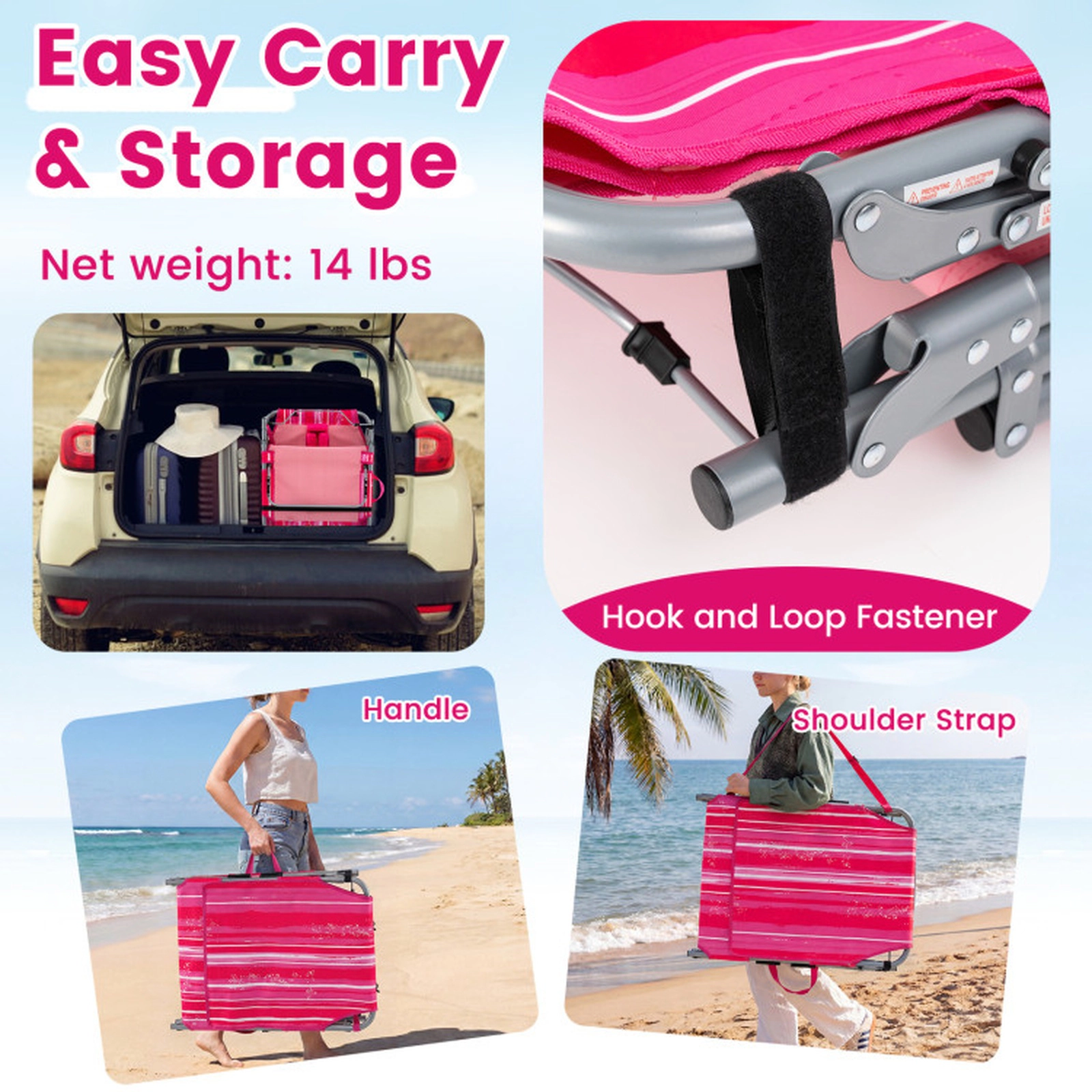 SUGIFT Set of 2 Portable Tanning Chairs with Face and Arm Holes 330-Lb Capacity 76.5-in Adjustable Backrest Pink Strip