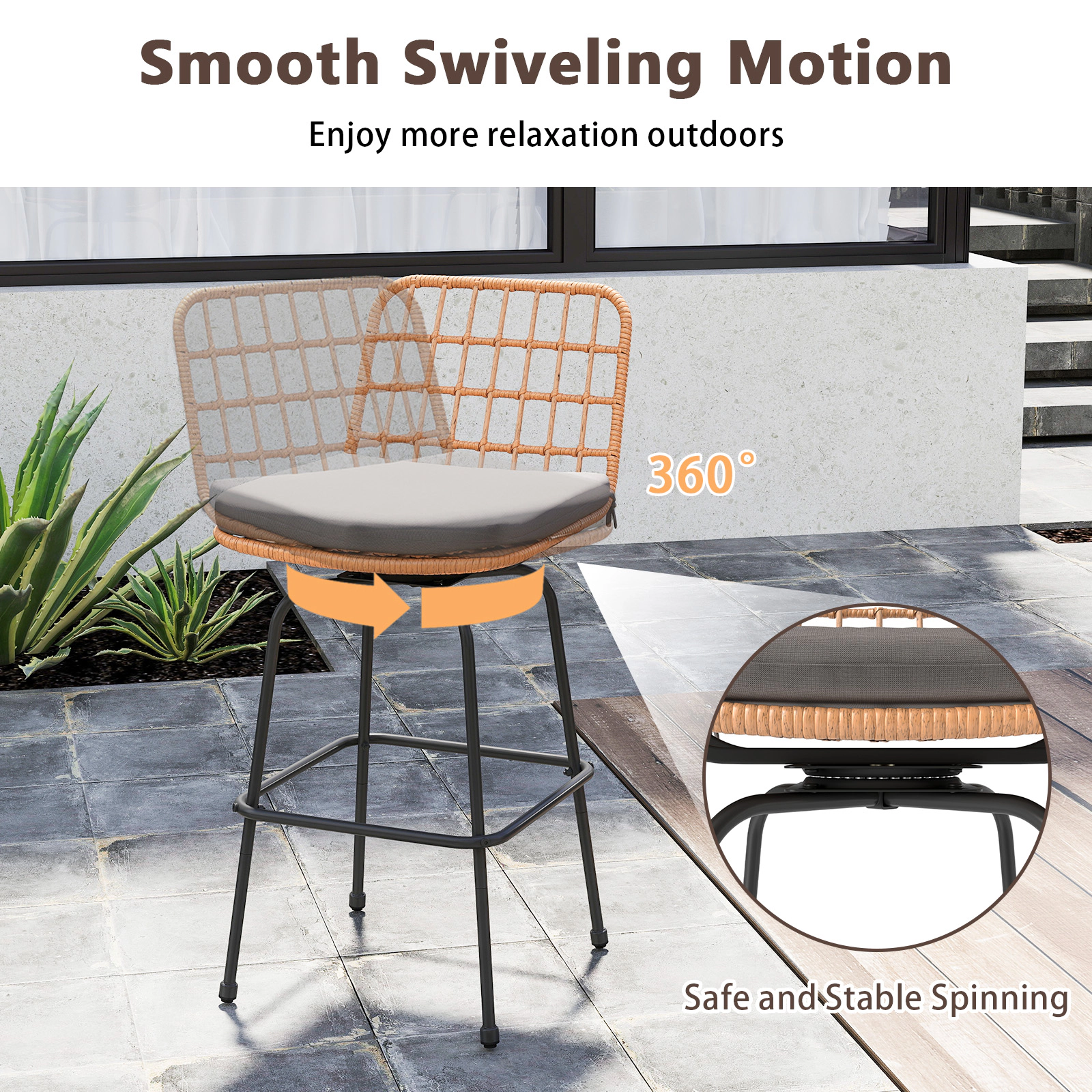 SUGIFT Gray Rattan Back and Soft Seat Cushions Set of 2 Patio Swivel Bar Stool