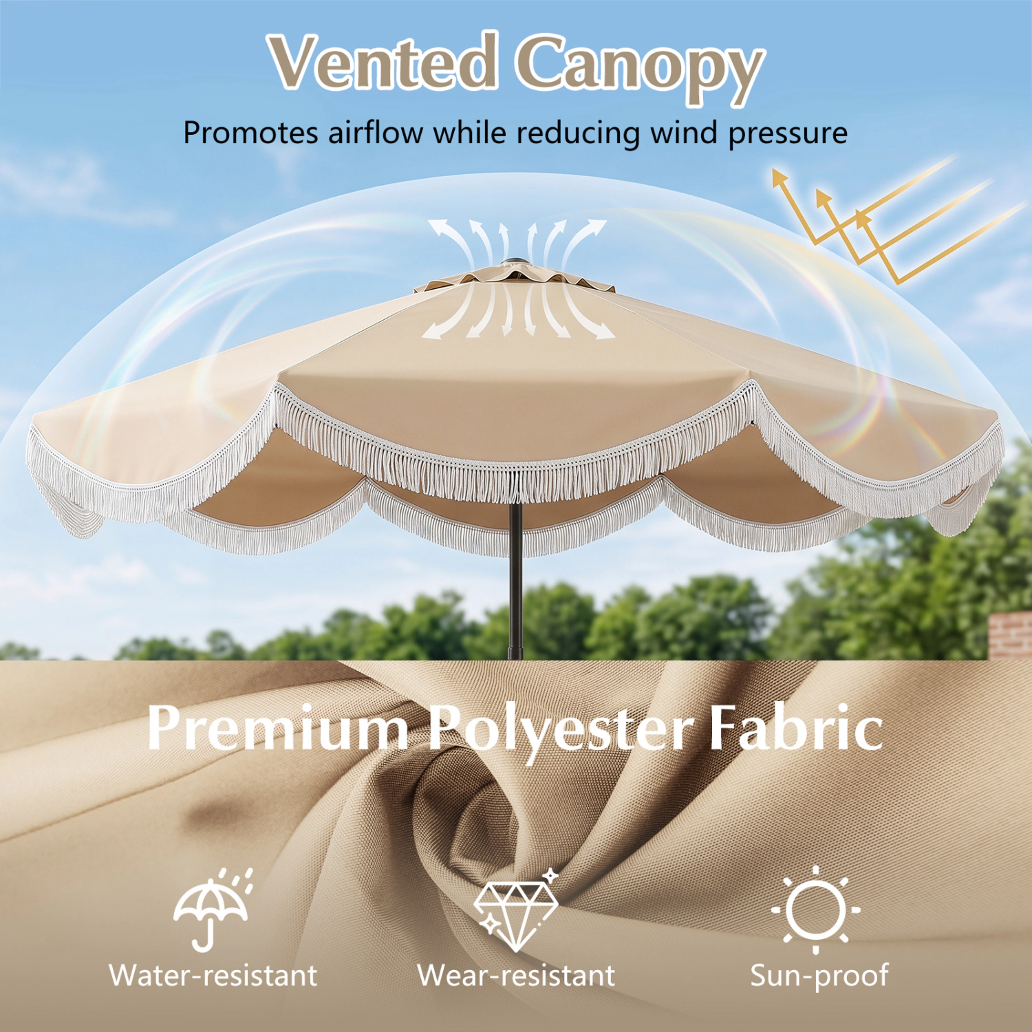 SlickBlue 9 FT Outdoor Patio Umbrella with Tassel Fringe and Tilt Canopy