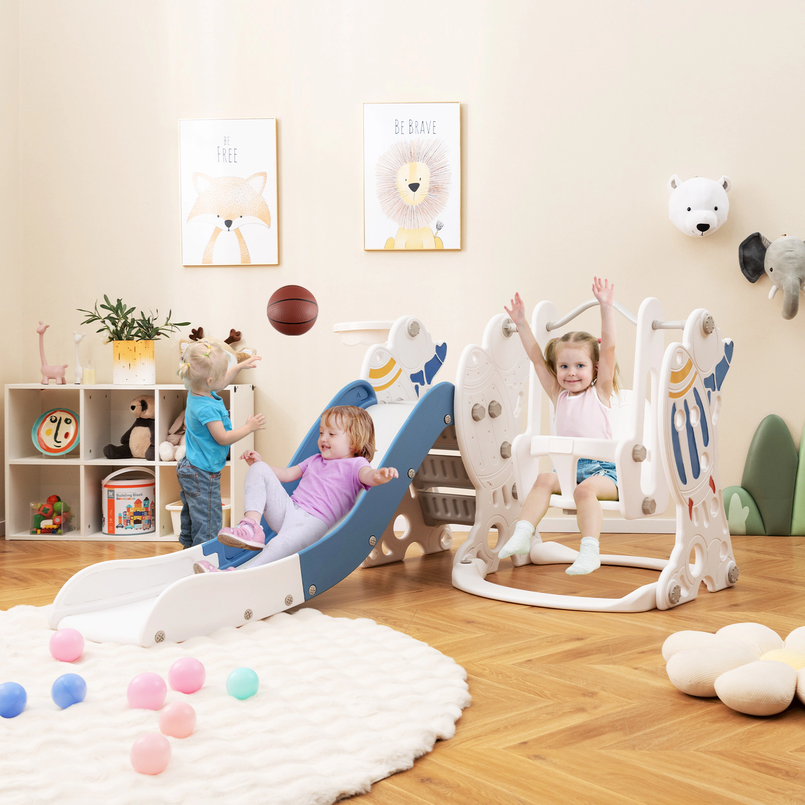 LJG 4-in-1 Kids Slide and Swing Set with Basketball Hoop
