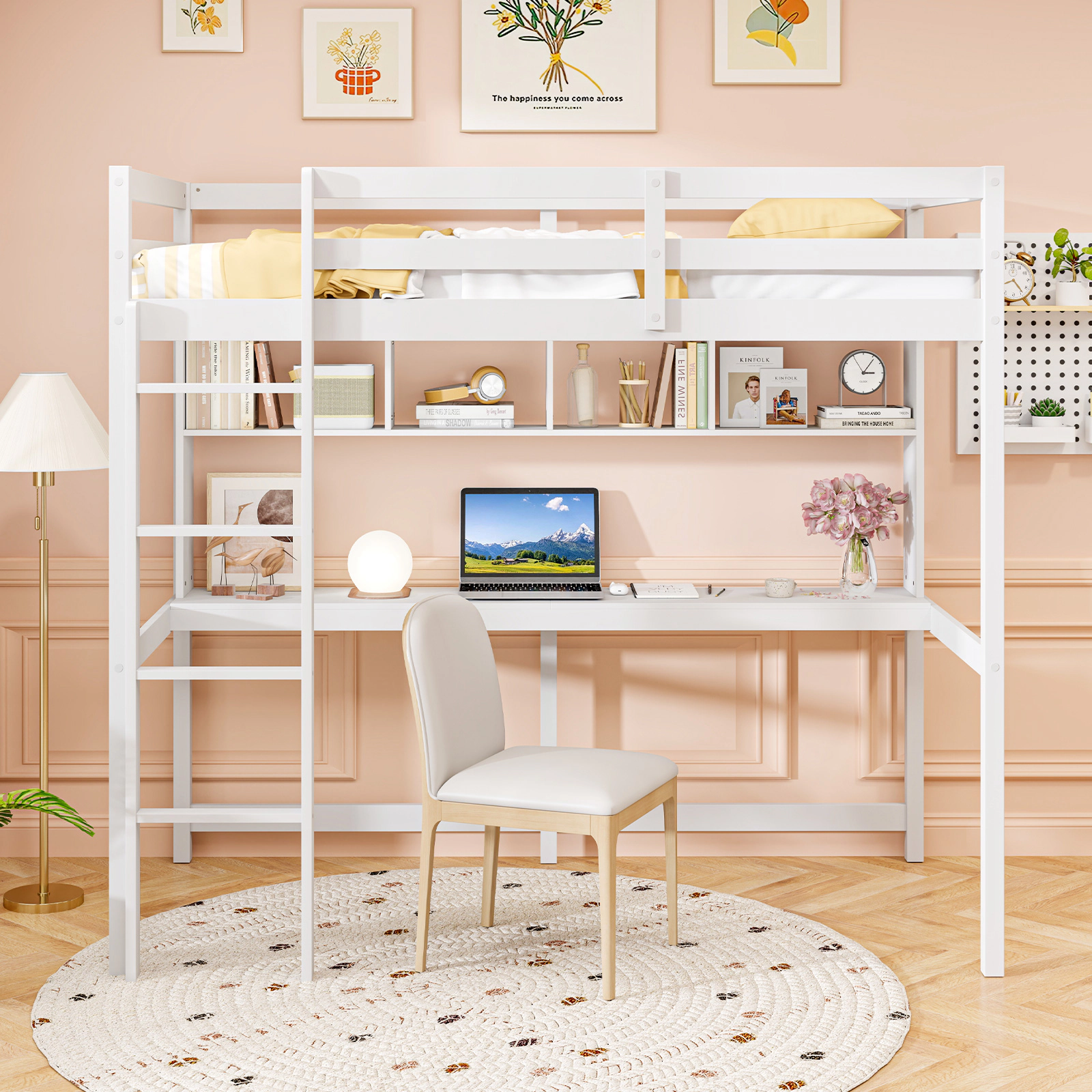 SUGIFT Twin Loft Bed with Desk and Shelves, White Pine Frame, 250-lb Capacity