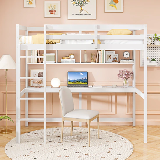 SUGIFT Twin Loft Bed with Desk and Shelves, White Pine Frame, 250-lb Capacity